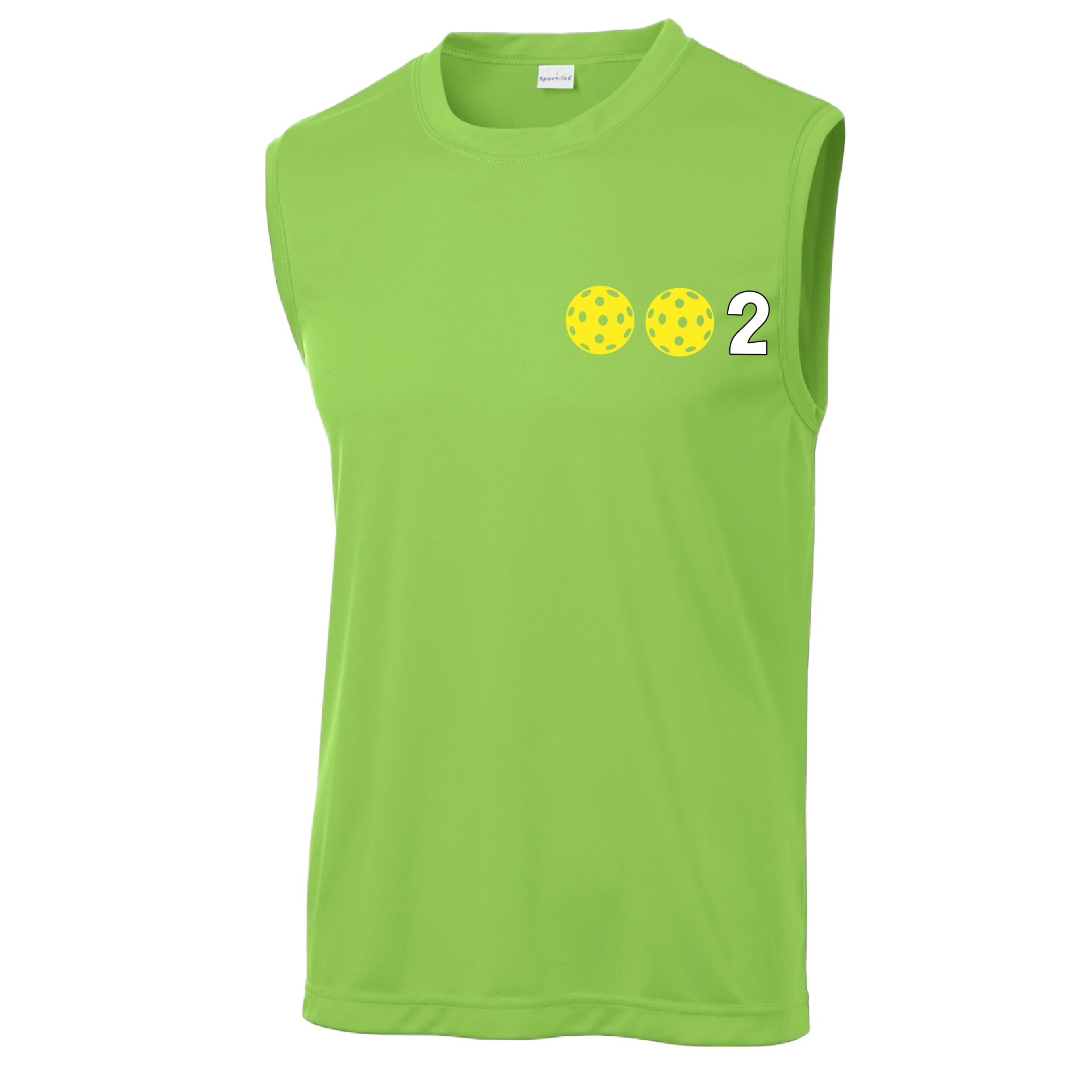 Design: 002 Pickleballs customizable color (Yellow, White, Cyan, Green, Orange)  Men's Styles: Sleeveless   Shirts are lightweight, roomy and highly breathable. These moisture-wicking shirts are designed for athletic performance. They feature PosiCharge technology to lock in color and prevent logos from fading. Removable tag and set-in sleeves for comfort.