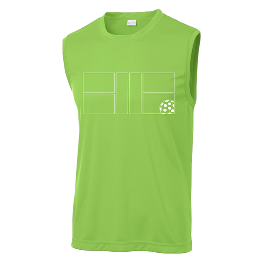 Pickleball Design: Court with Ball  Men's Style: Sleeveless (SL)  Shirts are lightweight, roomy and highly breathable. These moisture-wicking shirts are designed for athletic performance. They feature PosiCharge technology to lock in color and prevent logos from fading. Removable tag and set-in sleeves for comfort