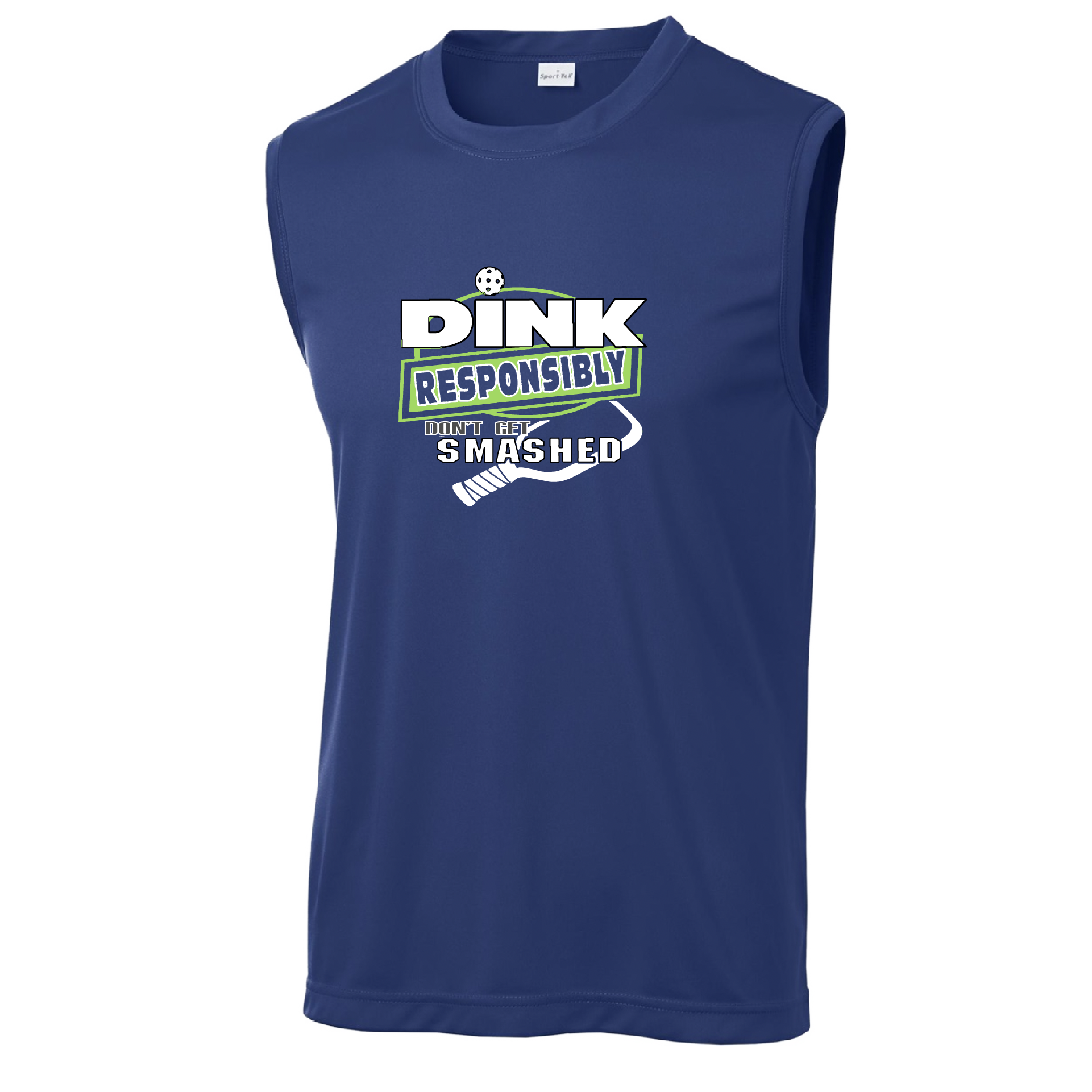 Pickleball Design: Dink Responsibly - Don't Get Smashed  Men's Styles: Sleeveless  Shirts are lightweight, roomy and highly breathable. These moisture-wicking shirts are designed for athletic performance. They feature PosiCharge technology to lock in color and prevent logos from fading. Removable tag and set-in sleeves for comfort.