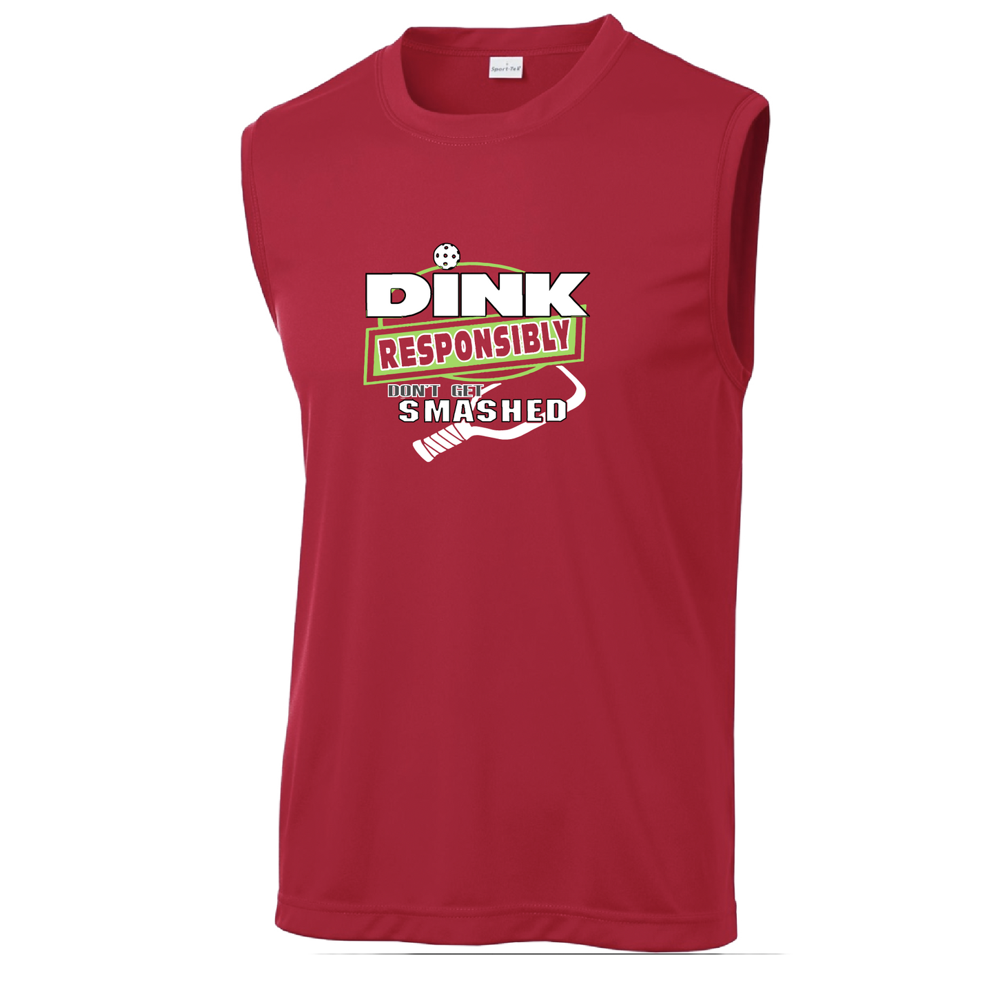 Pickleball Design: Dink Responsibly - Don't Get Smashed  Men's Styles: Sleeveless  Shirts are lightweight, roomy and highly breathable. These moisture-wicking shirts are designed for athletic performance. They feature PosiCharge technology to lock in color and prevent logos from fading. Removable tag and set-in sleeves for comfort.