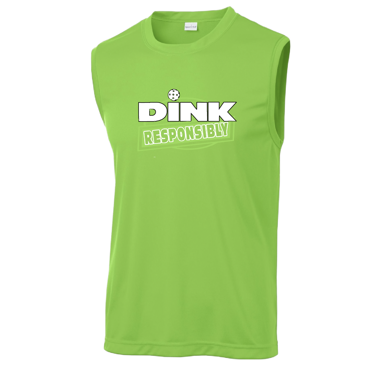 Pickleball Design: Dink Responsibly  Men's Styles: Sleeveless (SL)  Shirts are lightweight, roomy and highly breathable. These moisture-wicking shirts are designed for athletic performance. They feature PosiCharge technology to lock in color and prevent logos from fading. Removable tag and set-in sleeves for comfort.