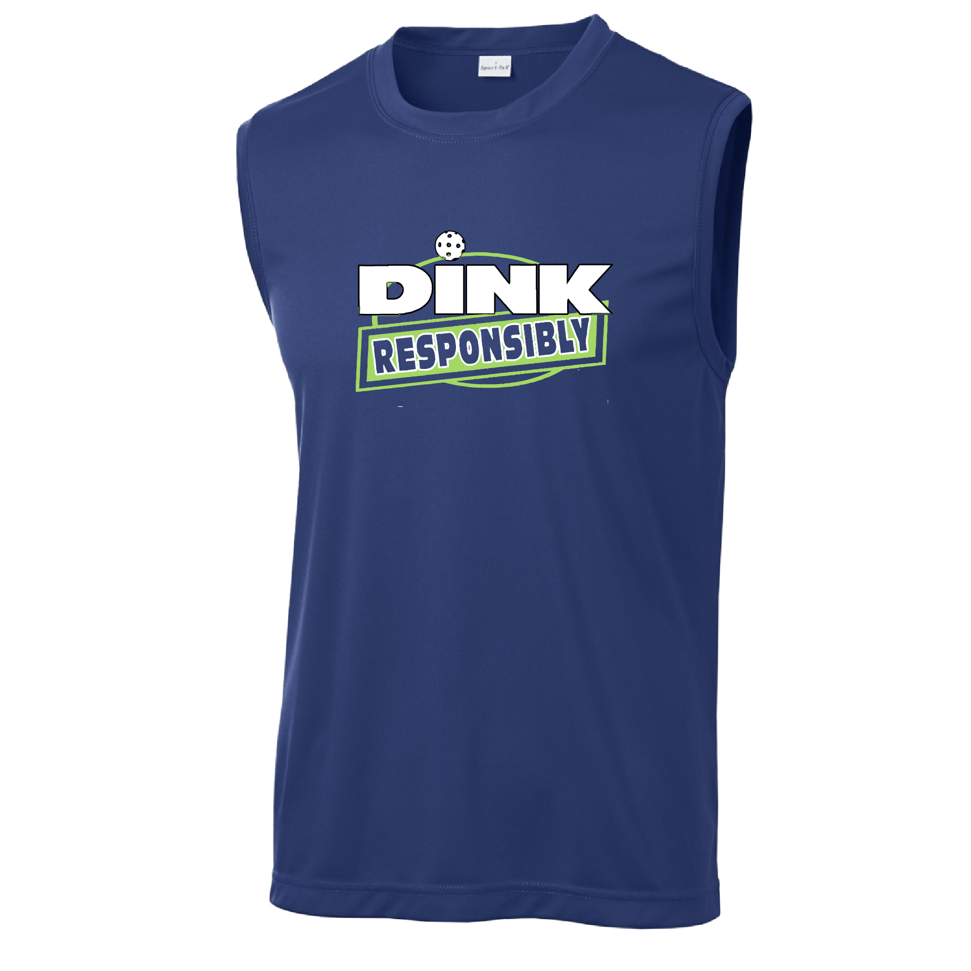 Pickleball Design: Dink Responsibly  Men's Styles: Sleeveless (SL)  Shirts are lightweight, roomy and highly breathable. These moisture-wicking shirts are designed for athletic performance. They feature PosiCharge technology to lock in color and prevent logos from fading. Removable tag and set-in sleeves for comfort.