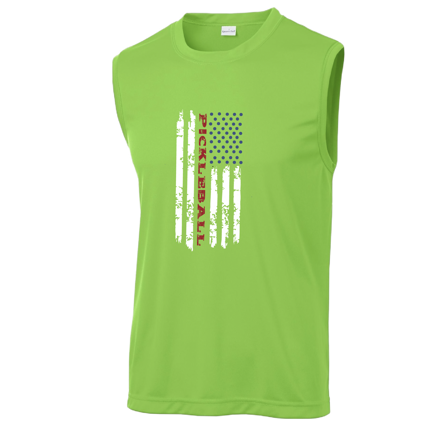 Pickleball Design: Pickleball Vertical Flag on Front or Back Shirt  Men's Styles: Sleeveless  Shirts are lightweight, roomy and highly breathable. These moisture-wicking shirts are designed for athletic performance. They feature PosiCharge technology to lock in color and prevent logos from fading. Removable tag and set-in sleeves for comfort.
