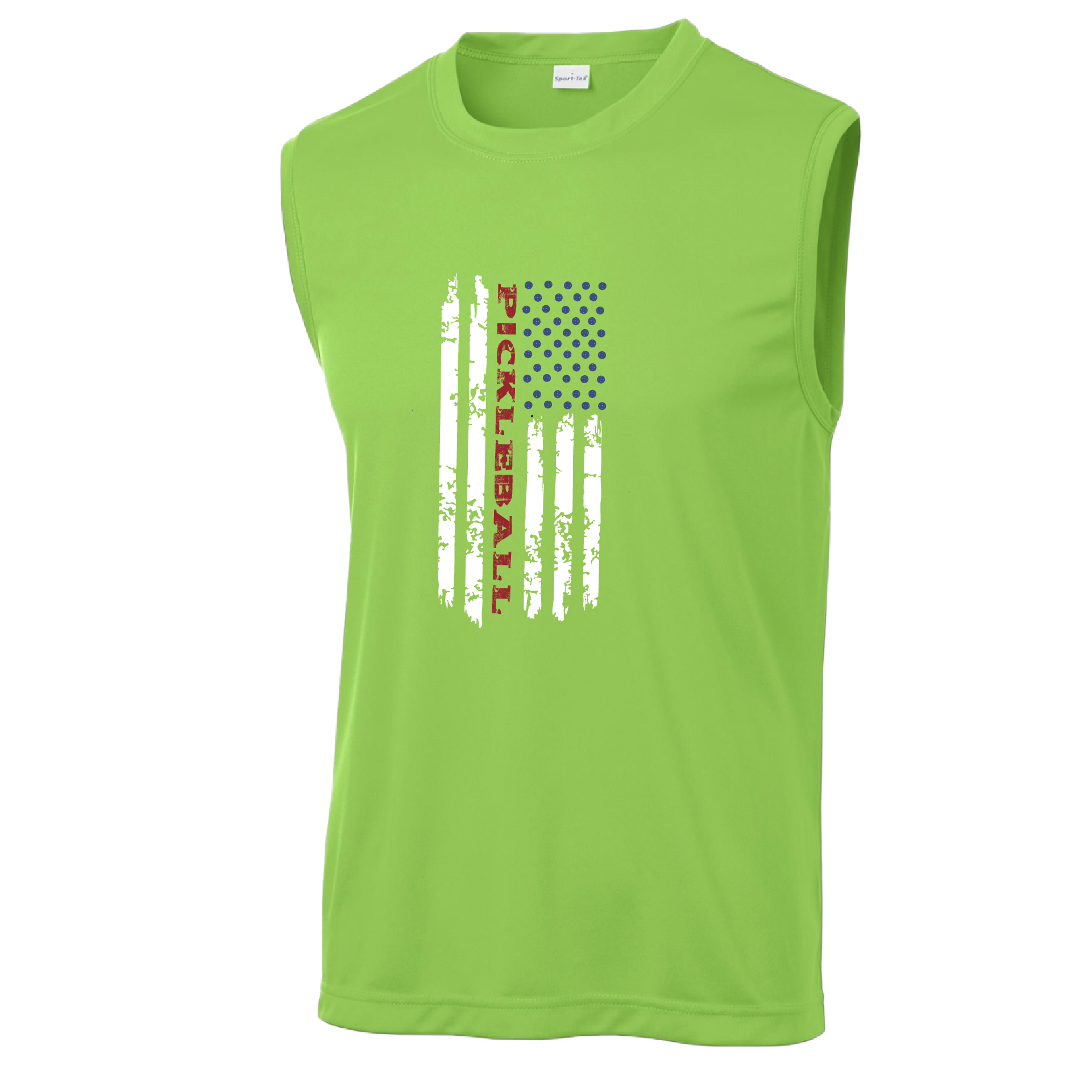 Pickleball Design: Pickleball Vertical Flag on Front or Back Shirt  Men's Styles: Sleeveless  Shirts are lightweight, roomy and highly breathable. These moisture-wicking shirts are designed for athletic performance. They feature PosiCharge technology to lock in color and prevent logos from fading. Removable tag and set-in sleeves for comfort.
