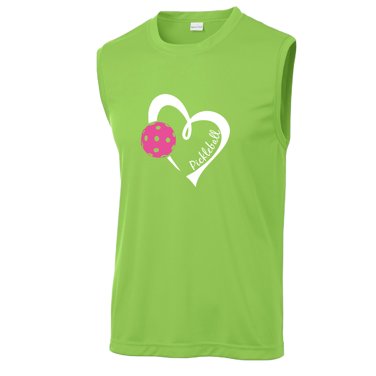 Pickleball Design: Heart with Pickleball  Men's Style: Sleeveless  Shirts are lightweight, roomy and highly breathable. These moisture-wicking shirts are designed for athletic performance. They feature PosiCharge technology to lock in color and prevent logos from fading. Removable tag and set-in sleeves for comfort.