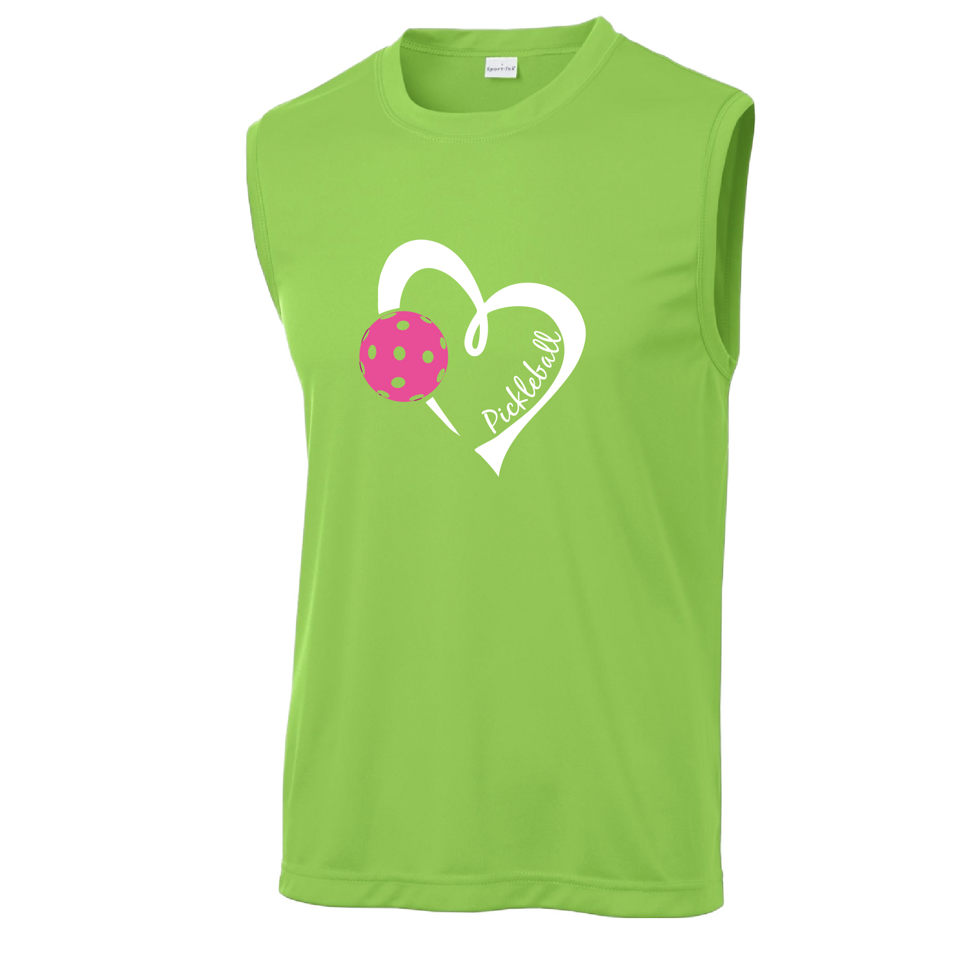 Pickleball Design: Heart with Pickleball  Men's Style: Sleeveless  Shirts are lightweight, roomy and highly breathable. These moisture-wicking shirts are designed for athletic performance. They feature PosiCharge technology to lock in color and prevent logos from fading. Removable tag and set-in sleeves for comfort.