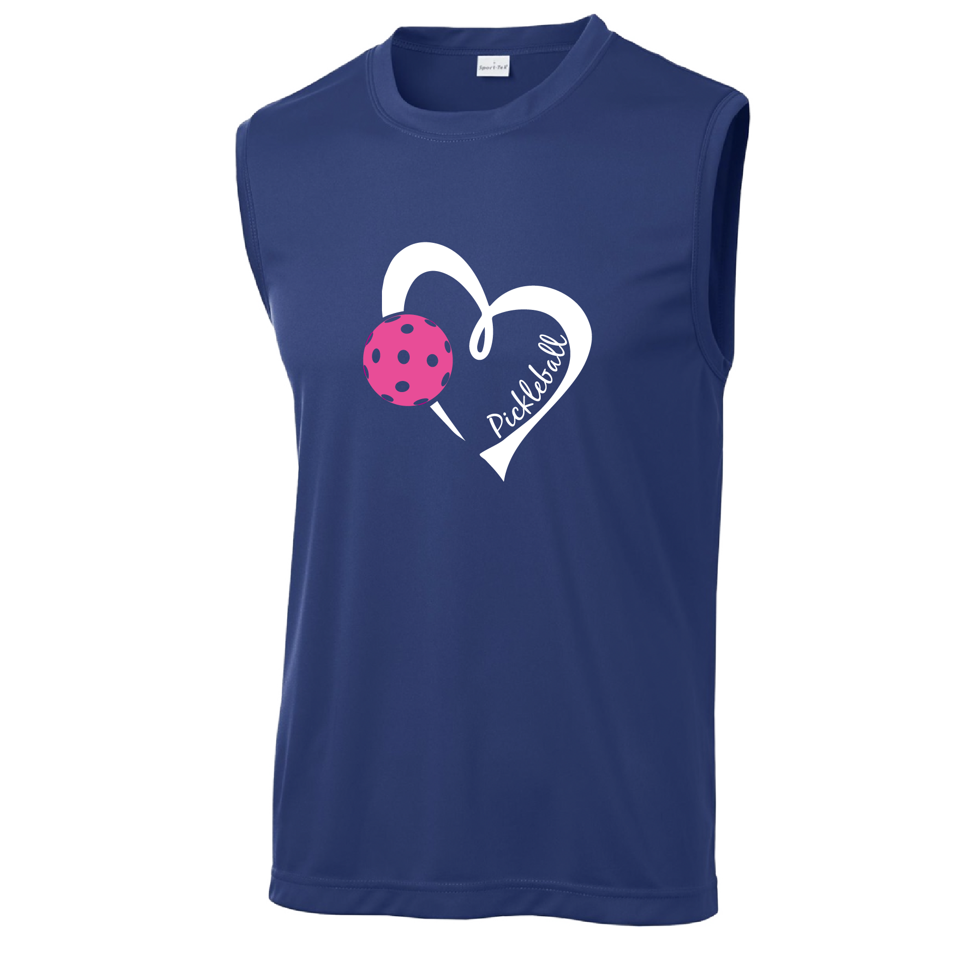 Pickleball Design: Heart with Pickleball  Men's Style: Sleeveless  Shirts are lightweight, roomy and highly breathable. These moisture-wicking shirts are designed for athletic performance. They feature PosiCharge technology to lock in color and prevent logos from fading. Removable tag and set-in sleeves for comfort.