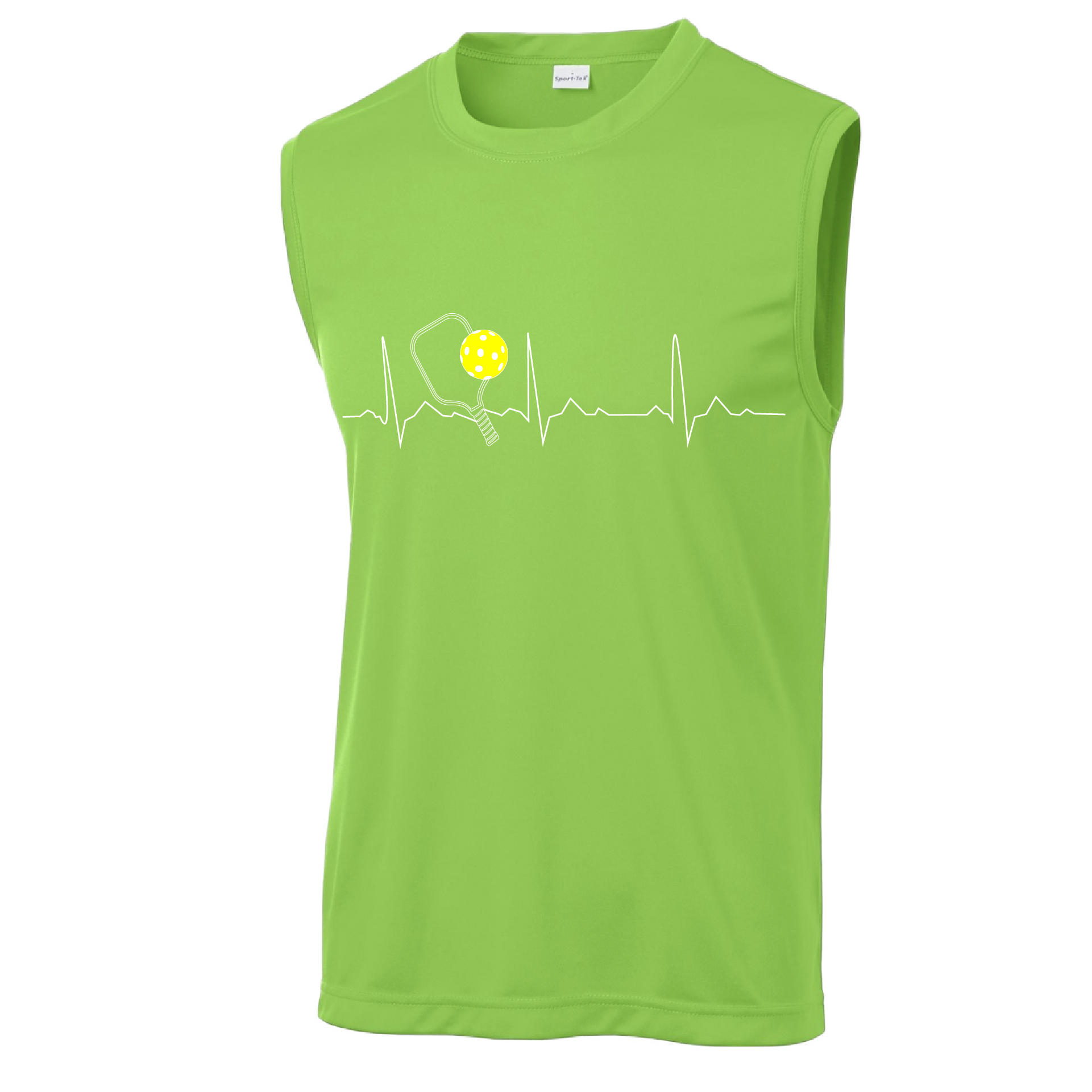 Pickleball Design: Heartbeat  Men's Style: Sleeveless  Shirts are lightweight, roomy and highly breathable. These moisture-wicking shirts are designed for athletic performance. They feature PosiCharge technology to lock in color and prevent logos from fading. Removable tag and set-in sleeves for comfort.