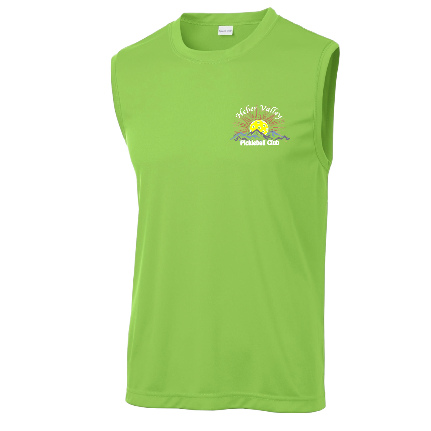 Pickleball Shirt Design: Heber Valley Pickleball Club  Men's Style: Sleeveless  Turn up the volume in this Men's shirt with its perfect mix of softness and attitude. Material is ultra-comfortable with moisture wicking properties and tri-blend softness. PosiCharge technology locks in color. Highly breathable and lightweight.