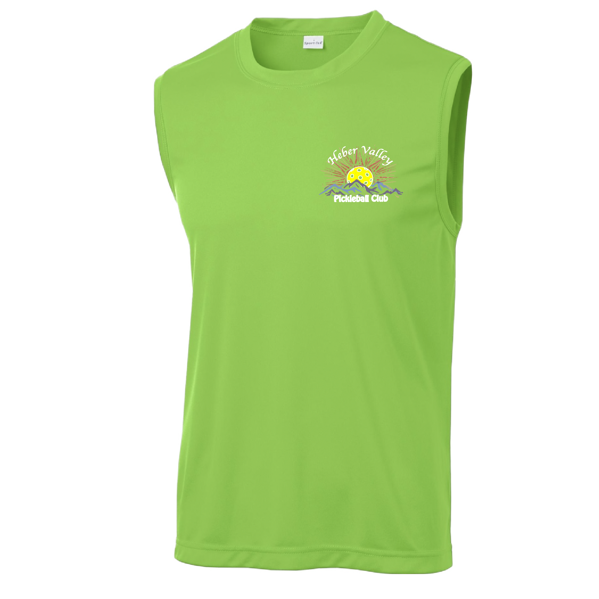 Pickleball Shirt Design: Heber Valley Pickleball Club  Men's Style: Sleeveless  Turn up the volume in this Men's shirt with its perfect mix of softness and attitude. Material is ultra-comfortable with moisture wicking properties and tri-blend softness. PosiCharge technology locks in color. Highly breathable and lightweight.