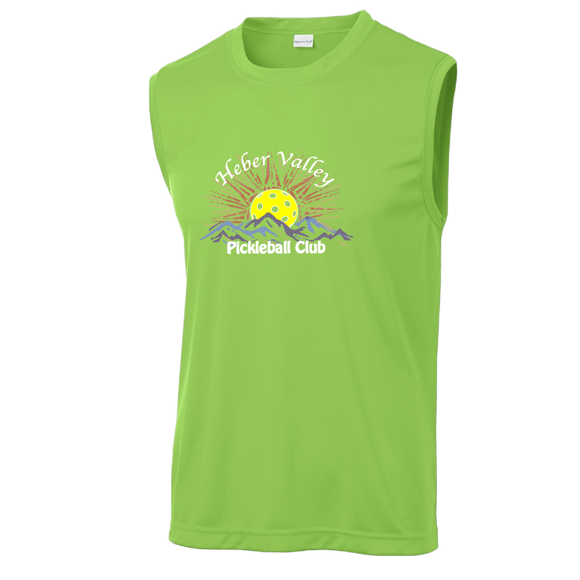 Pickleball Shirt Design: Heber Valley Pickleball Club  Men's Style: Sleeveless  Turn up the volume in this Men's shirt with its perfect mix of softness and attitude. Material is ultra-comfortable with moisture wicking properties and tri-blend softness. PosiCharge technology locks in color. Highly breathable and lightweight.