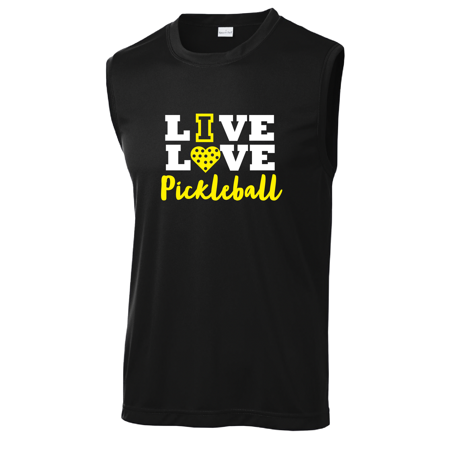 Pickleball Design: Live Love Pickleball  Men's Style: Sleeveless  Shirts are lightweight, roomy and highly breathable. These moisture-wicking shirts are designed for athletic performance. They feature PosiCharge technology to lock in color and prevent logos from fading. Removable tag and set-in sleeves for comfort.