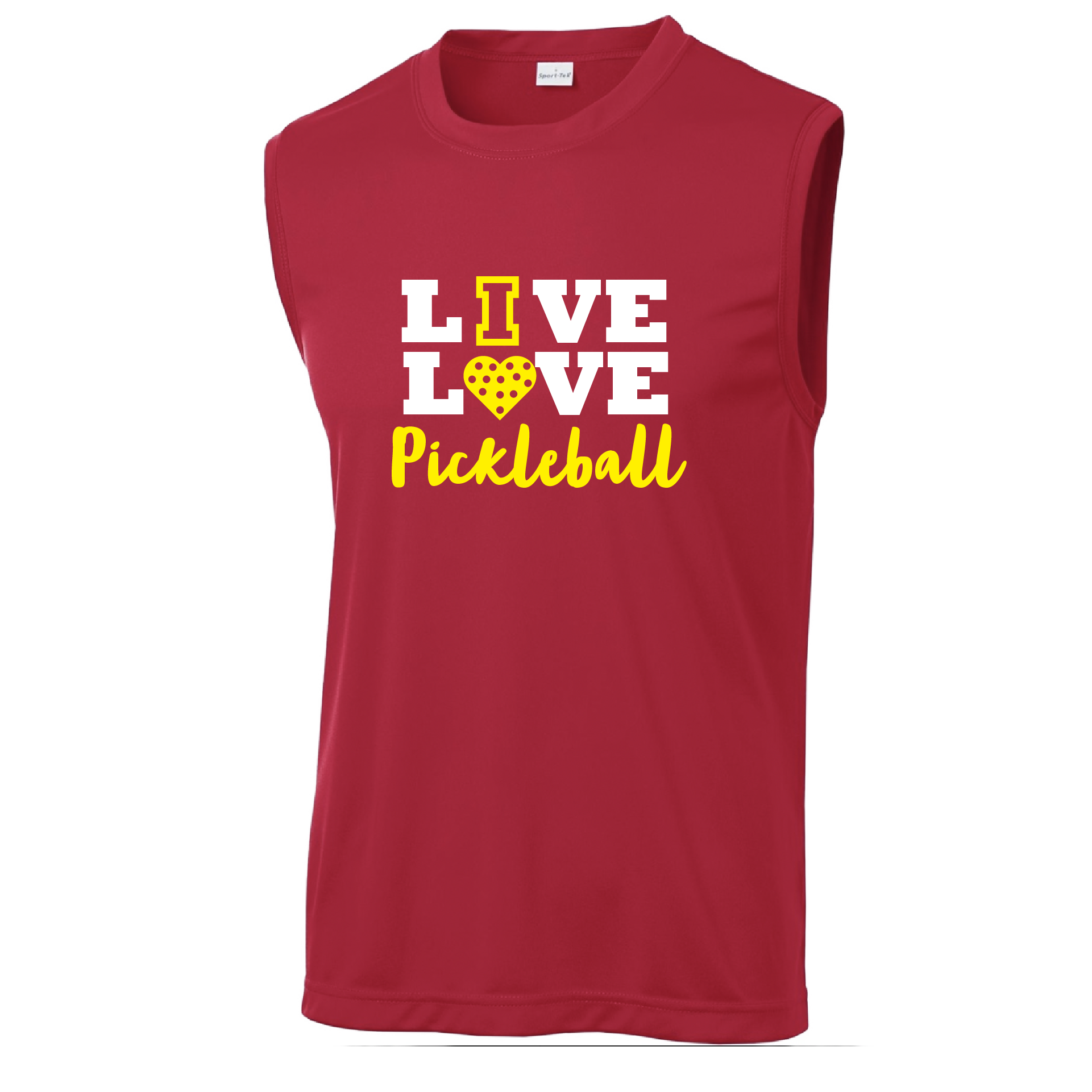 Pickleball Design: Live Love Pickleball  Men's Style: Sleeveless  Shirts are lightweight, roomy and highly breathable. These moisture-wicking shirts are designed for athletic performance. They feature PosiCharge technology to lock in color and prevent logos from fading. Removable tag and set-in sleeves for comfort.