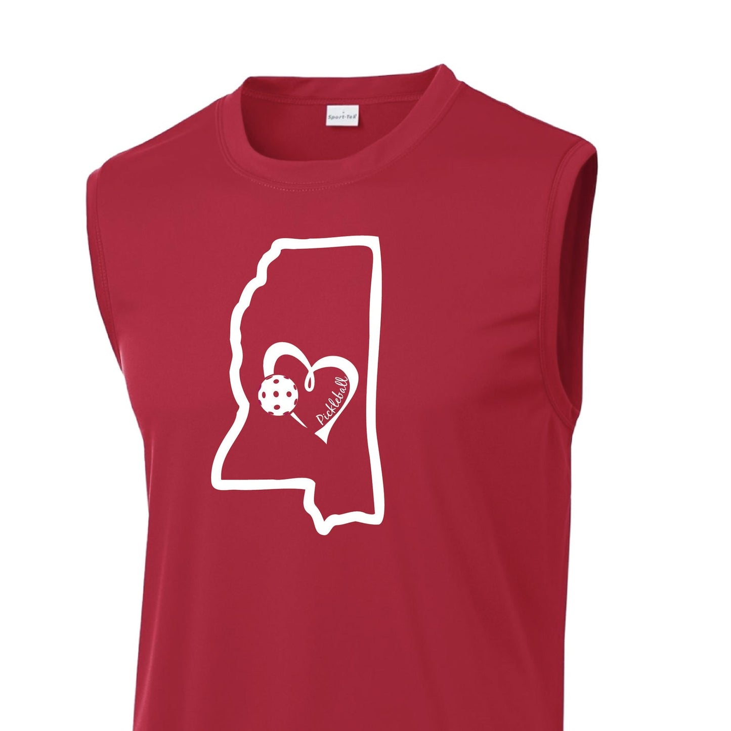 Pickleball Design: Mississippi State with Heart  Men's Styles: Sleeveless  Shirts are lightweight, roomy and highly breathable. These moisture-wicking shirts are designed for athletic performance. They feature PosiCharge technology to lock in color and prevent logos from fading. Removable tag and set-in sleeves for comfort.