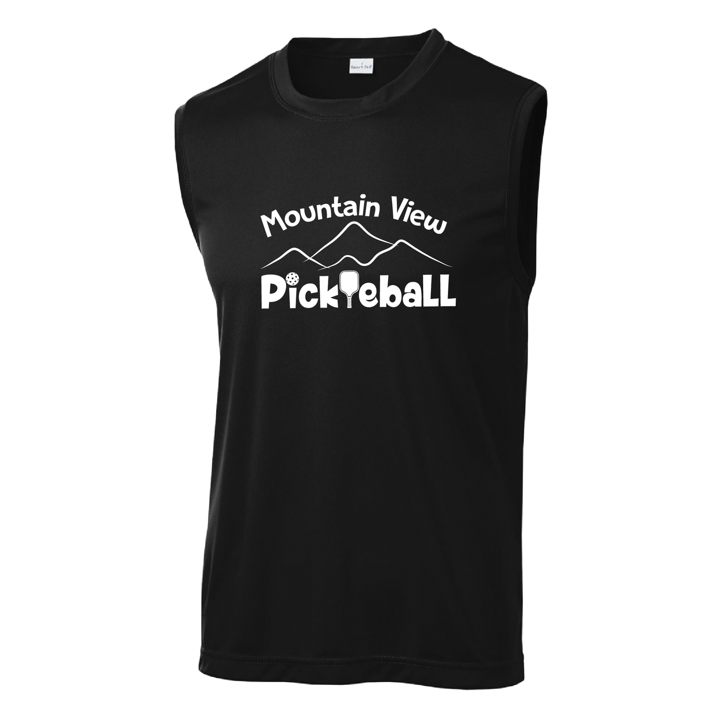 Pickleball Design: Mountain View Pickleball Club  Men's Styles: Sleeveless Tank  Turn up the volume in this Men's shirt with its perfect mix of softness and attitude. Material is ultra-comfortable with moisture wicking properties and tri-blend softness. PosiCharge technology locks in color. Highly breathable and lightweight.