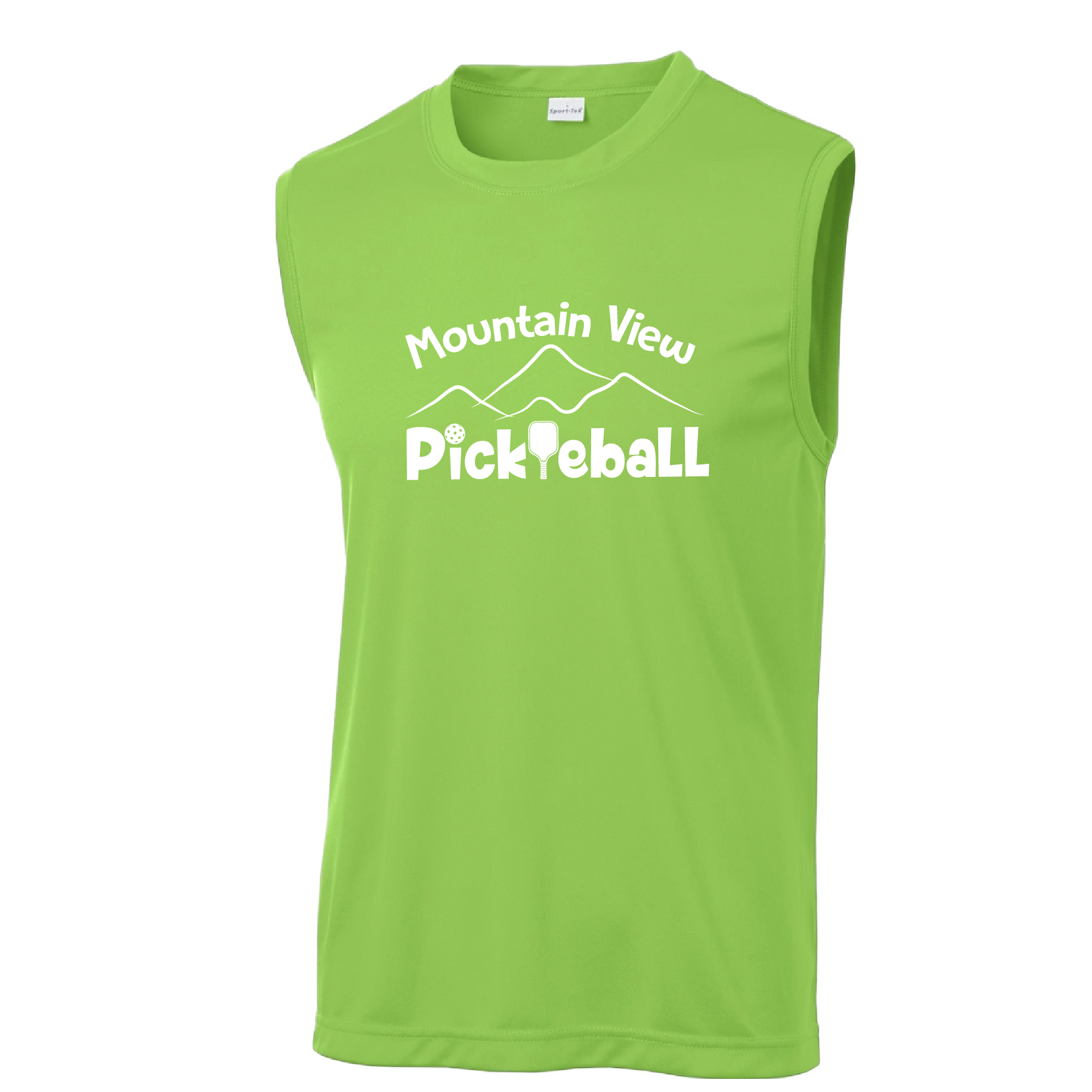 Pickleball Design: Mountain View Pickleball Club  Men's Styles: Sleeveless Tank  Turn up the volume in this Men's shirt with its perfect mix of softness and attitude. Material is ultra-comfortable with moisture wicking properties and tri-blend softness. PosiCharge technology locks in color. Highly breathable and lightweight.