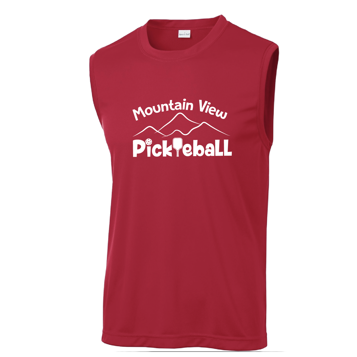 Pickleball Design: Mountain View Pickleball Club  Men's Styles: Sleeveless Tank  Turn up the volume in this Men's shirt with its perfect mix of softness and attitude. Material is ultra-comfortable with moisture wicking properties and tri-blend softness. PosiCharge technology locks in color. Highly breathable and lightweight.