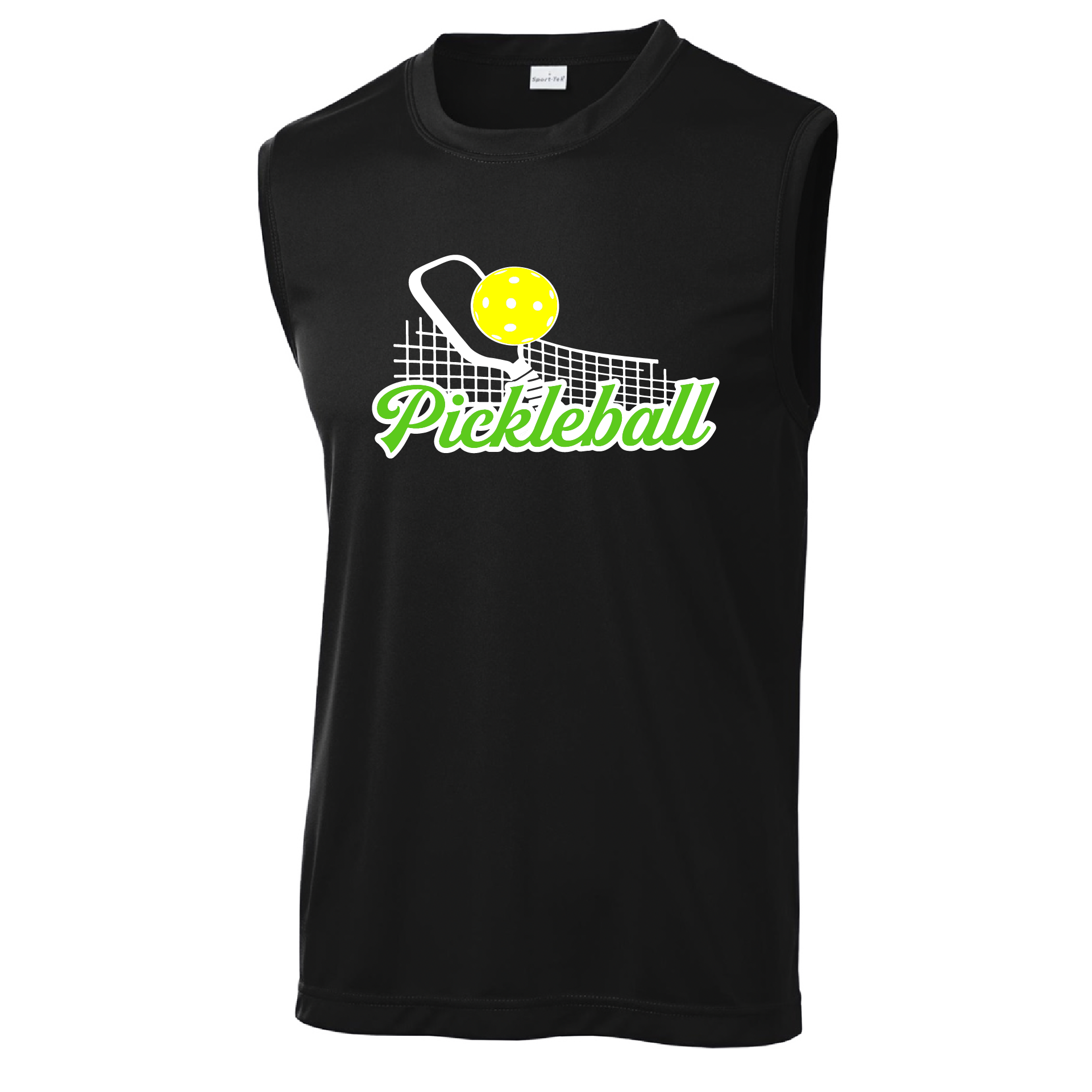 Pickleball Design: Pickleball Net  Men's Style: Sleeveless  Shirts are lightweight, roomy and highly breathable. These moisture-wicking shirts are designed for athletic performance. They feature PosiCharge technology to lock in color and prevent logos from fading. Removable tag and set-in sleeves for comfort.
