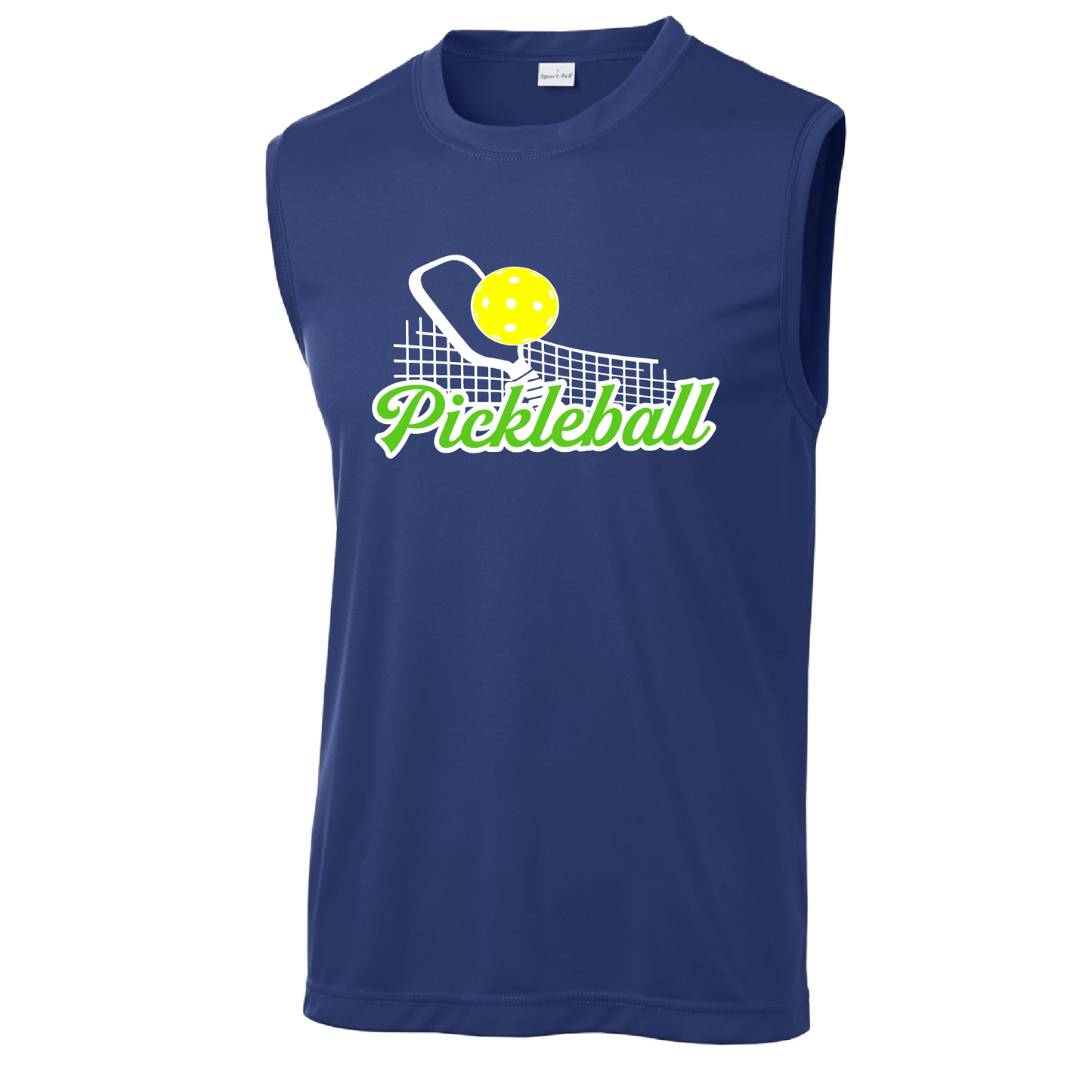 Pickleball Design: Pickleball Net  Men's Style: Sleeveless  Shirts are lightweight, roomy and highly breathable. These moisture-wicking shirts are designed for athletic performance. They feature PosiCharge technology to lock in color and prevent logos from fading. Removable tag and set-in sleeves for comfort.