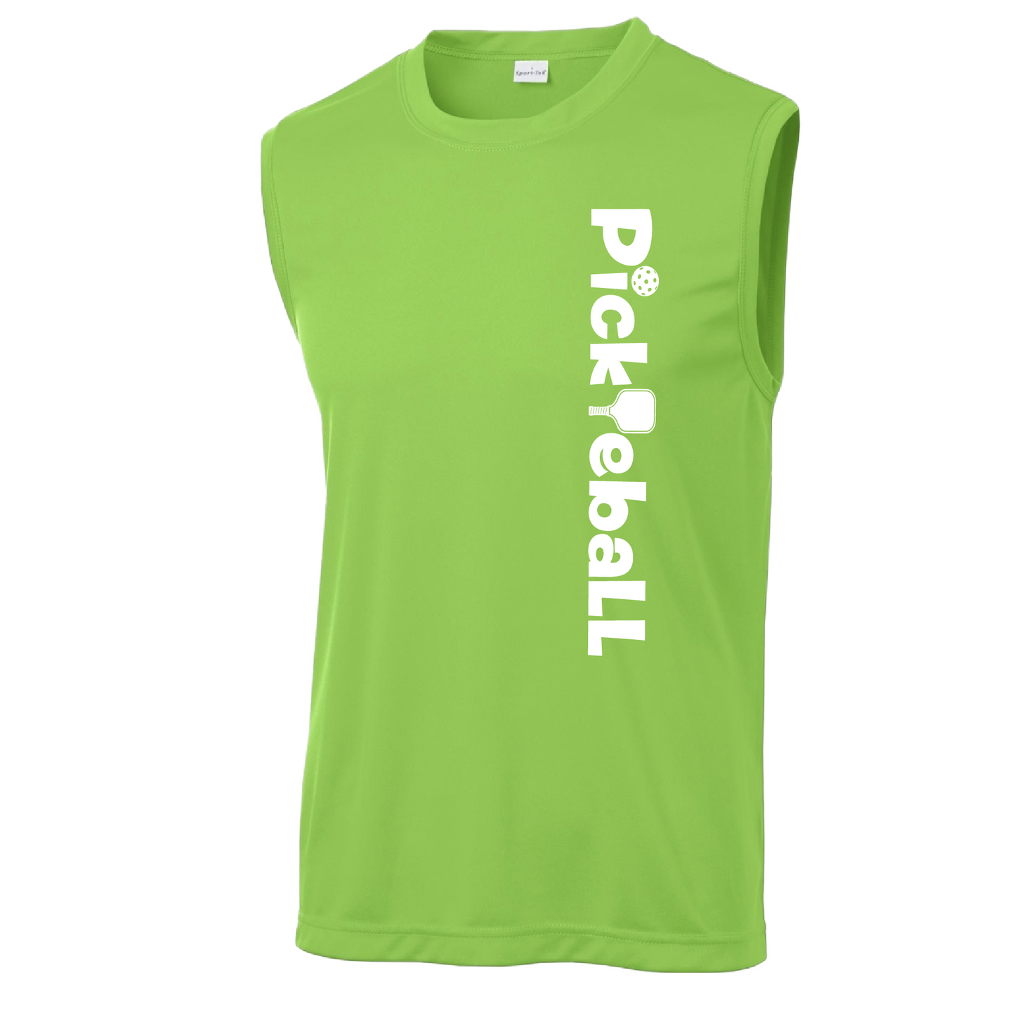Pickleball Design: Pickleball Horizontal Customizable Location  Men's Style: Sleeveless  Shirts are lightweight, roomy and highly breathable. These moisture-wicking shirts are designed for athletic performance. They feature PosiCharge technology to lock in color and prevent logos from fading. Removable tag and set-in sleeves for comfort. 