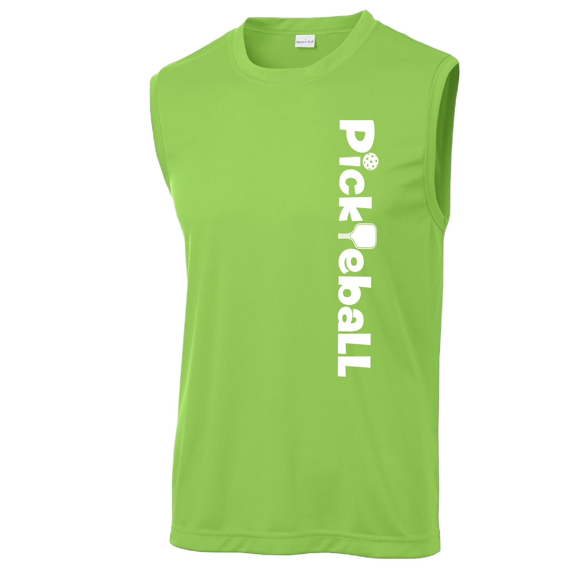 Pickleball Design: Pickleball Horizontal Customizable Location  Men's Style: Sleeveless  Shirts are lightweight, roomy and highly breathable. These moisture-wicking shirts are designed for athletic performance. They feature PosiCharge technology to lock in color and prevent logos from fading. Removable tag and set-in sleeves for comfort. 