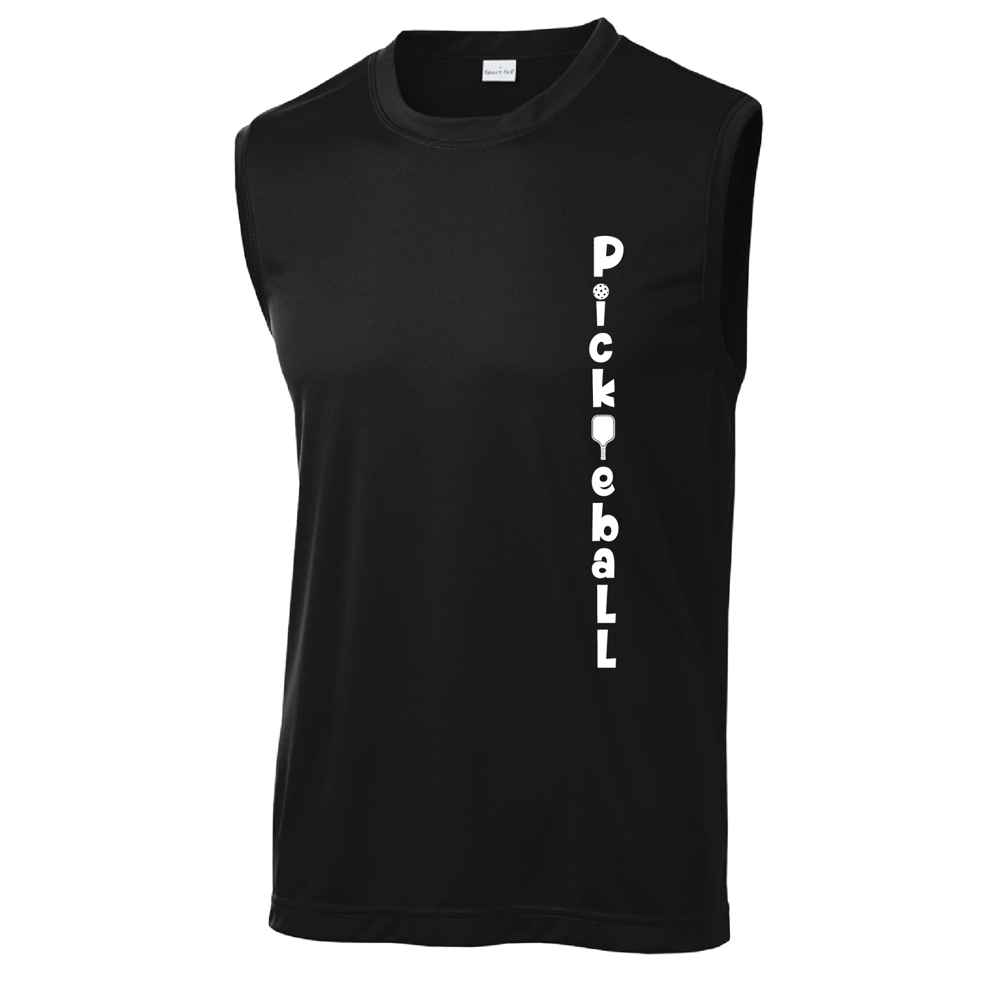 Pickleball Design: Pickleball Vertical Customizable Location  Men's Styles: Sleeveless (SL)  Shirts are lightweight, roomy and highly breathable. These moisture-wicking shirts are designed for athletic performance. They feature PosiCharge technology to lock in color and prevent logos from fading. Removable tag and set-in sleeves for comfort.