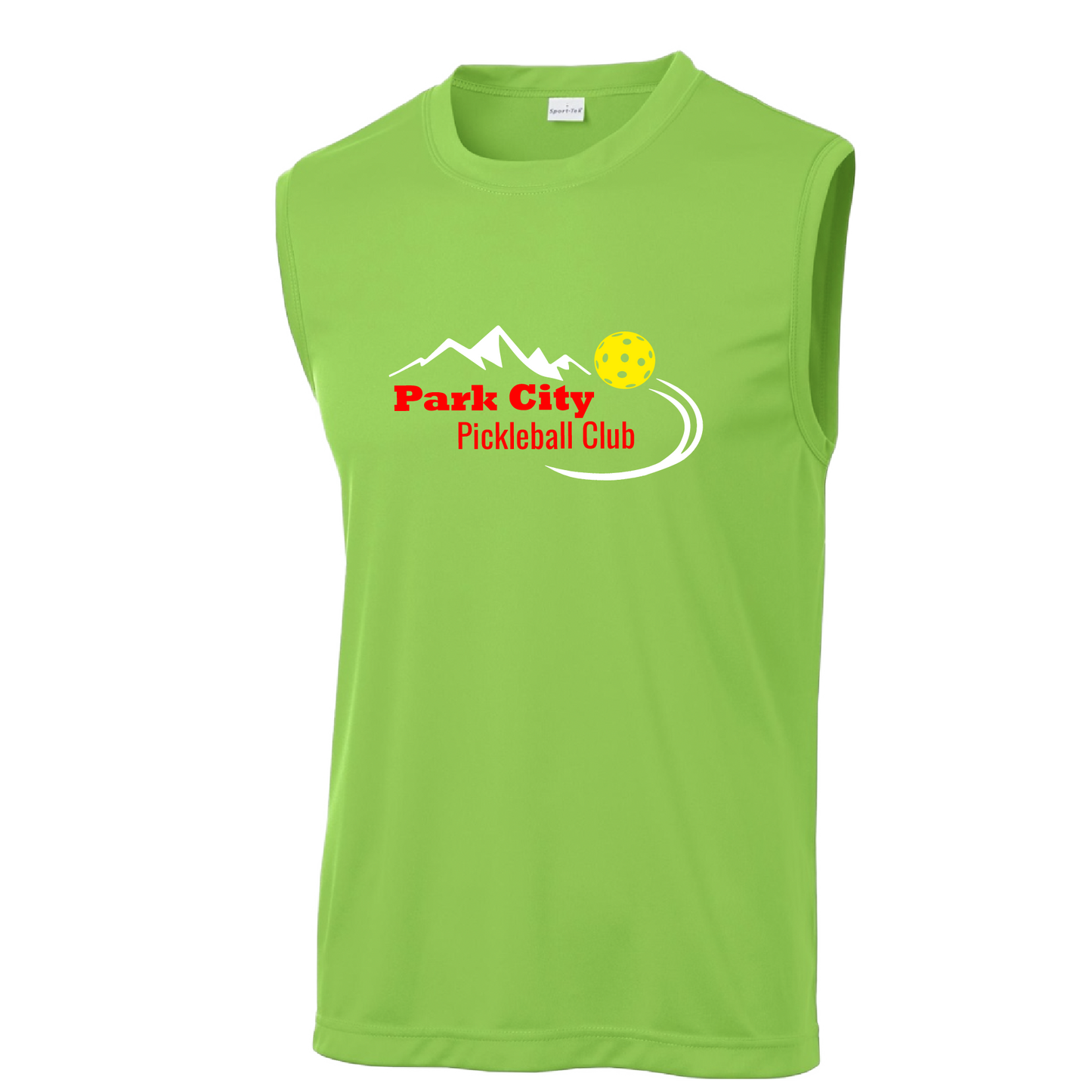 Park City Design: Park City Pickleball Club (white words)  Men's Styles: Sleeveless (SL)  Shirts are lightweight, roomy and highly breathable. These moisture-wicking shirts are designed for athletic performance. They feature PosiCharge technology to lock in color and prevent logos from fading. Removable tag and set-in sleeves for comfort.