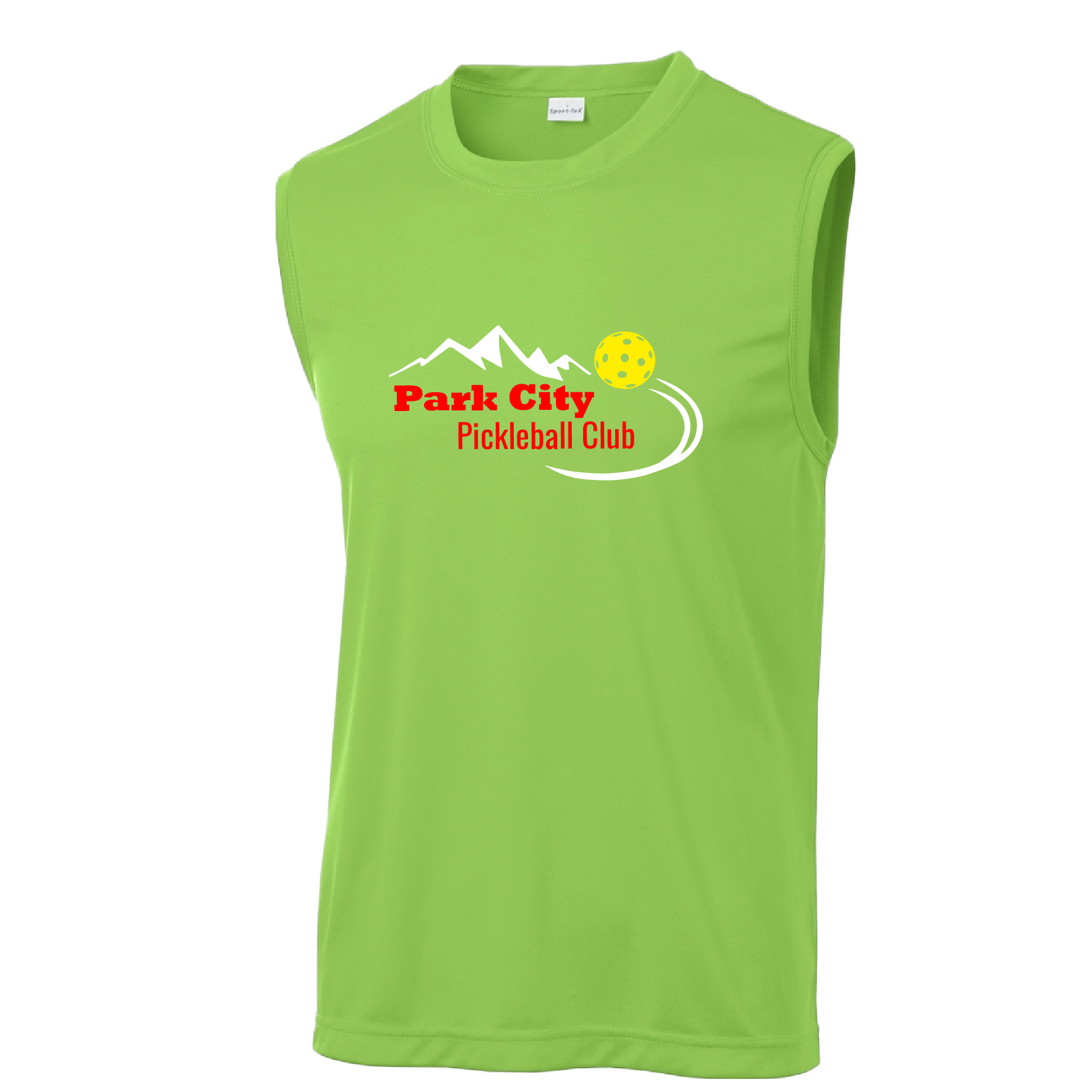 Park City Design: Park City Pickleball Club (white words)  Men's Styles: Sleeveless (SL)  Shirts are lightweight, roomy and highly breathable. These moisture-wicking shirts are designed for athletic performance. They feature PosiCharge technology to lock in color and prevent logos from fading. Removable tag and set-in sleeves for comfort.