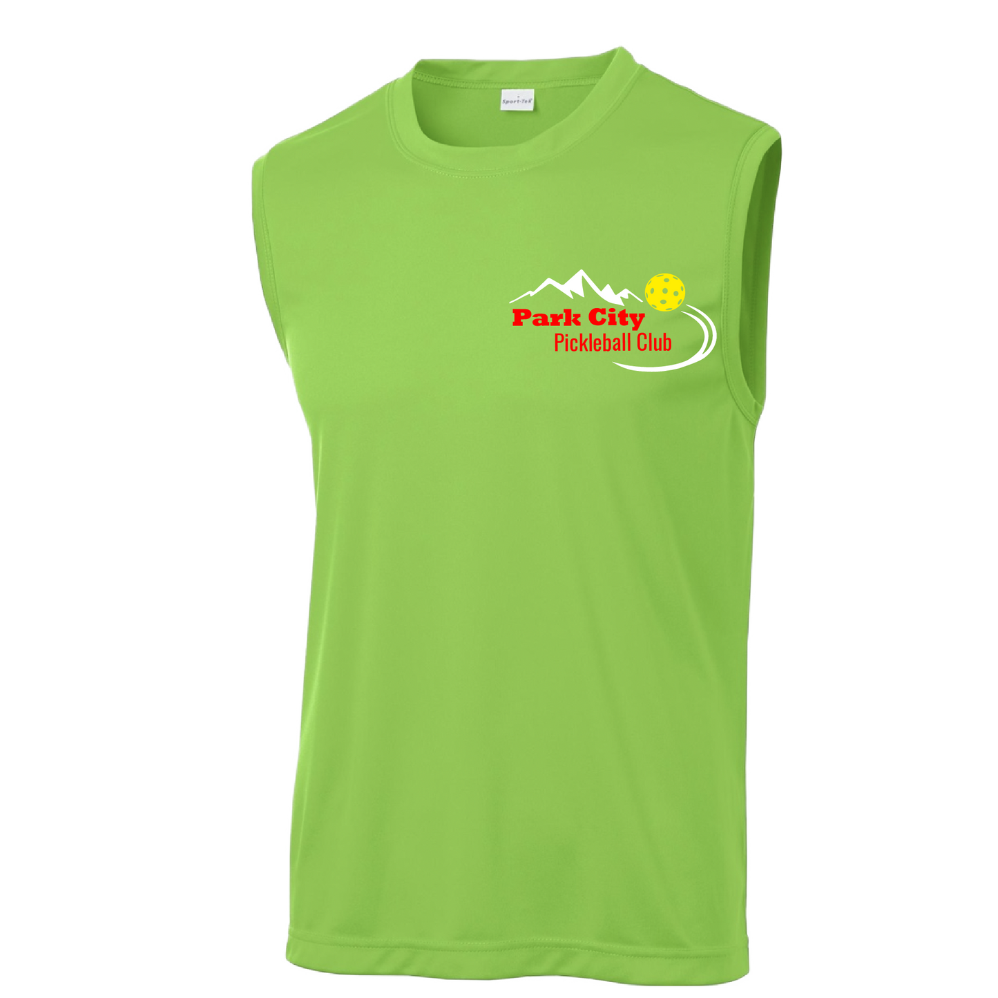 Park City Design: Park City Pickleball Club (white words)  Men's Styles: Sleeveless (SL)  Shirts are lightweight, roomy and highly breathable. These moisture-wicking shirts are designed for athletic performance. They feature PosiCharge technology to lock in color and prevent logos from fading. Removable tag and set-in sleeves for comfort.