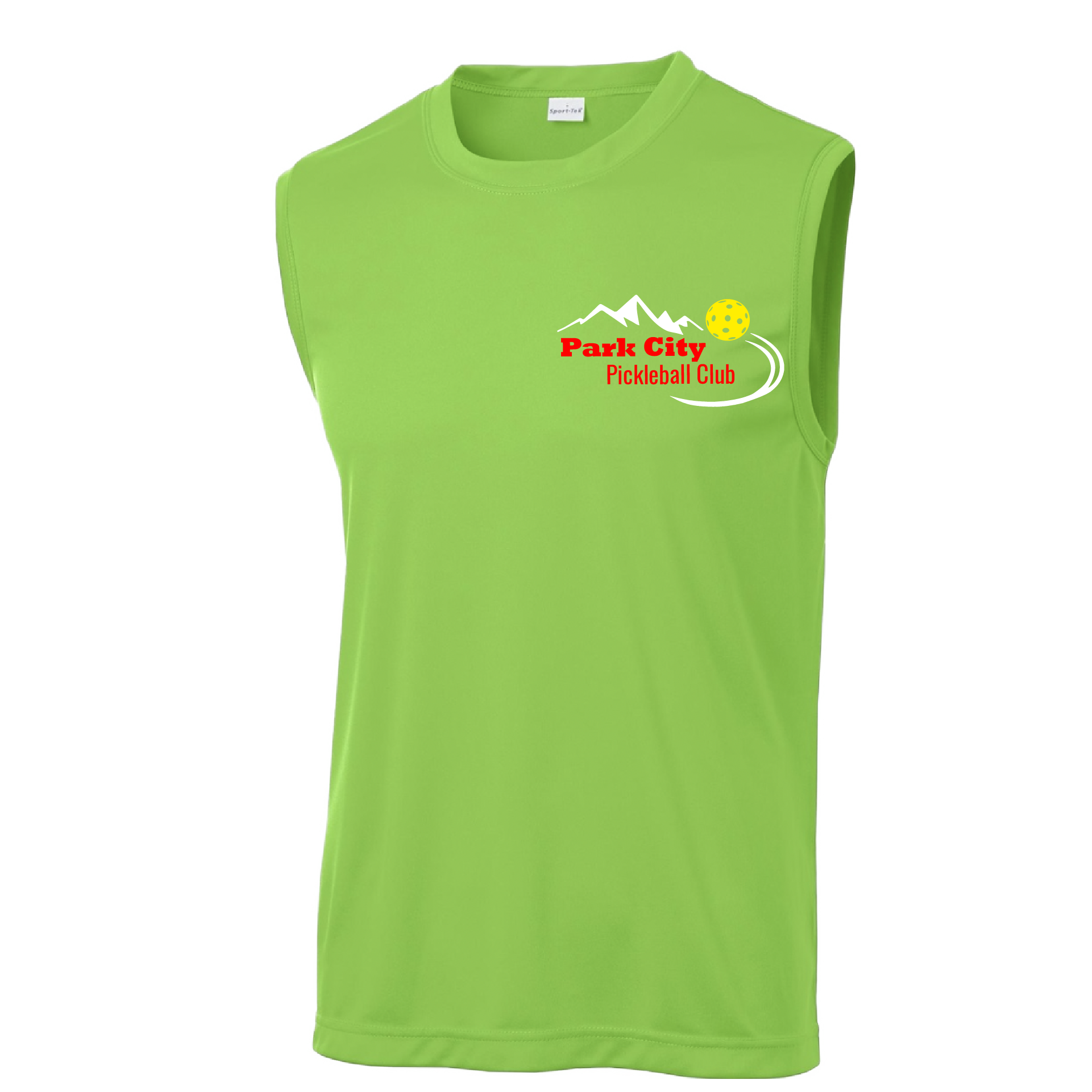 Park City Design: Park City Pickleball Club (white words)  Men's Styles: Sleeveless (SL)  Shirts are lightweight, roomy and highly breathable. These moisture-wicking shirts are designed for athletic performance. They feature PosiCharge technology to lock in color and prevent logos from fading. Removable tag and set-in sleeves for comfort.