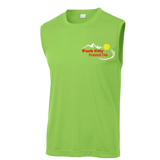 Park City Design: Park City Pickleball Club (white words)  Men's Styles: Sleeveless (SL)  Shirts are lightweight, roomy and highly breathable. These moisture-wicking shirts are designed for athletic performance. They feature PosiCharge technology to lock in color and prevent logos from fading. Removable tag and set-in sleeves for comfort.