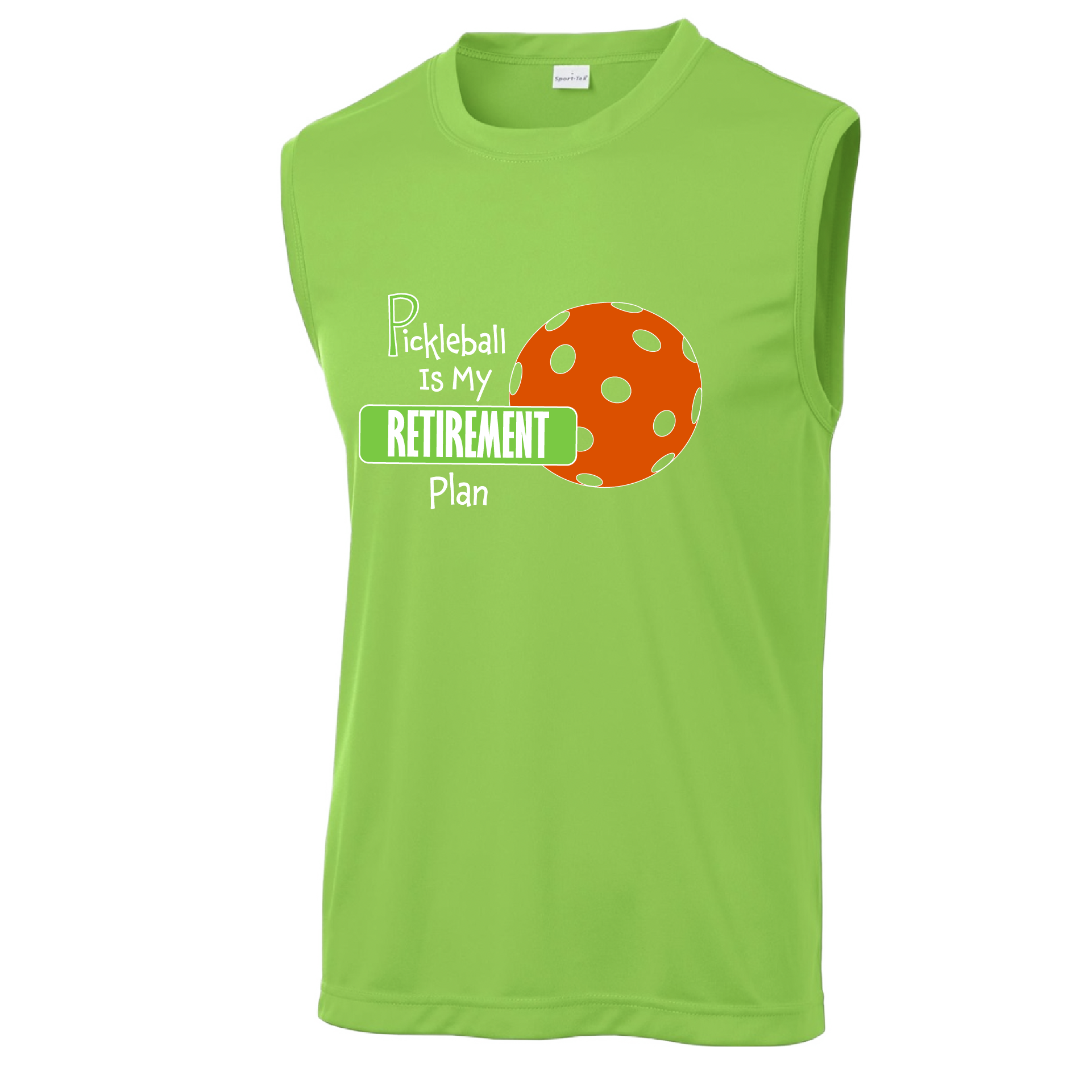 Pickleball Design: Pickleball is my Retirement Plan  Men's Style: Sleeveless  Shirts are lightweight, roomy and highly breathable. These moisture-wicking shirts are designed for athletic performance. They feature PosiCharge technology to lock in color and prevent logos from fading. Removable tag and set-in sleeves for comfort.