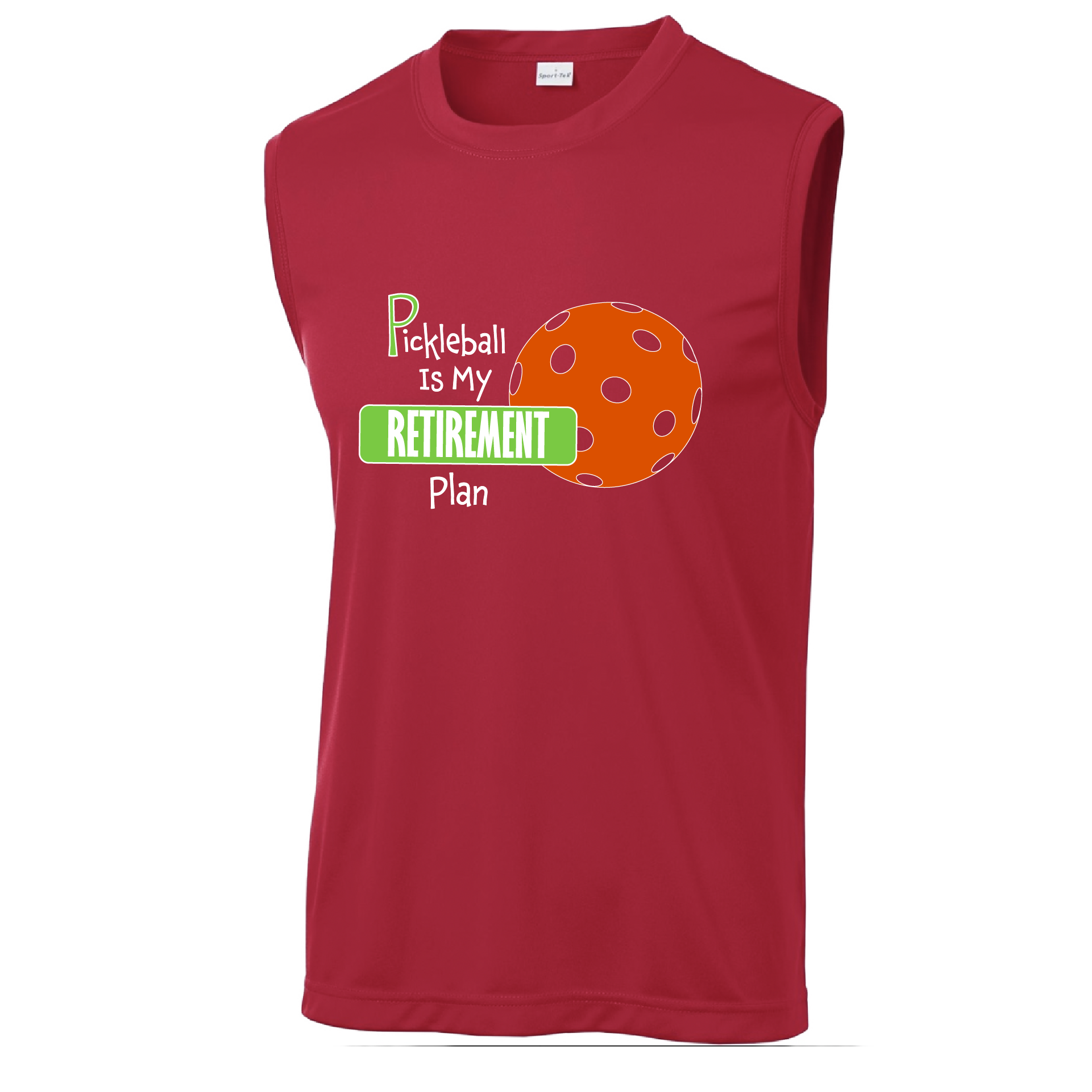 Pickleball Design: Pickleball is my Retirement Plan  Men's Style: Sleeveless  Shirts are lightweight, roomy and highly breathable. These moisture-wicking shirts are designed for athletic performance. They feature PosiCharge technology to lock in color and prevent logos from fading. Removable tag and set-in sleeves for comfort.