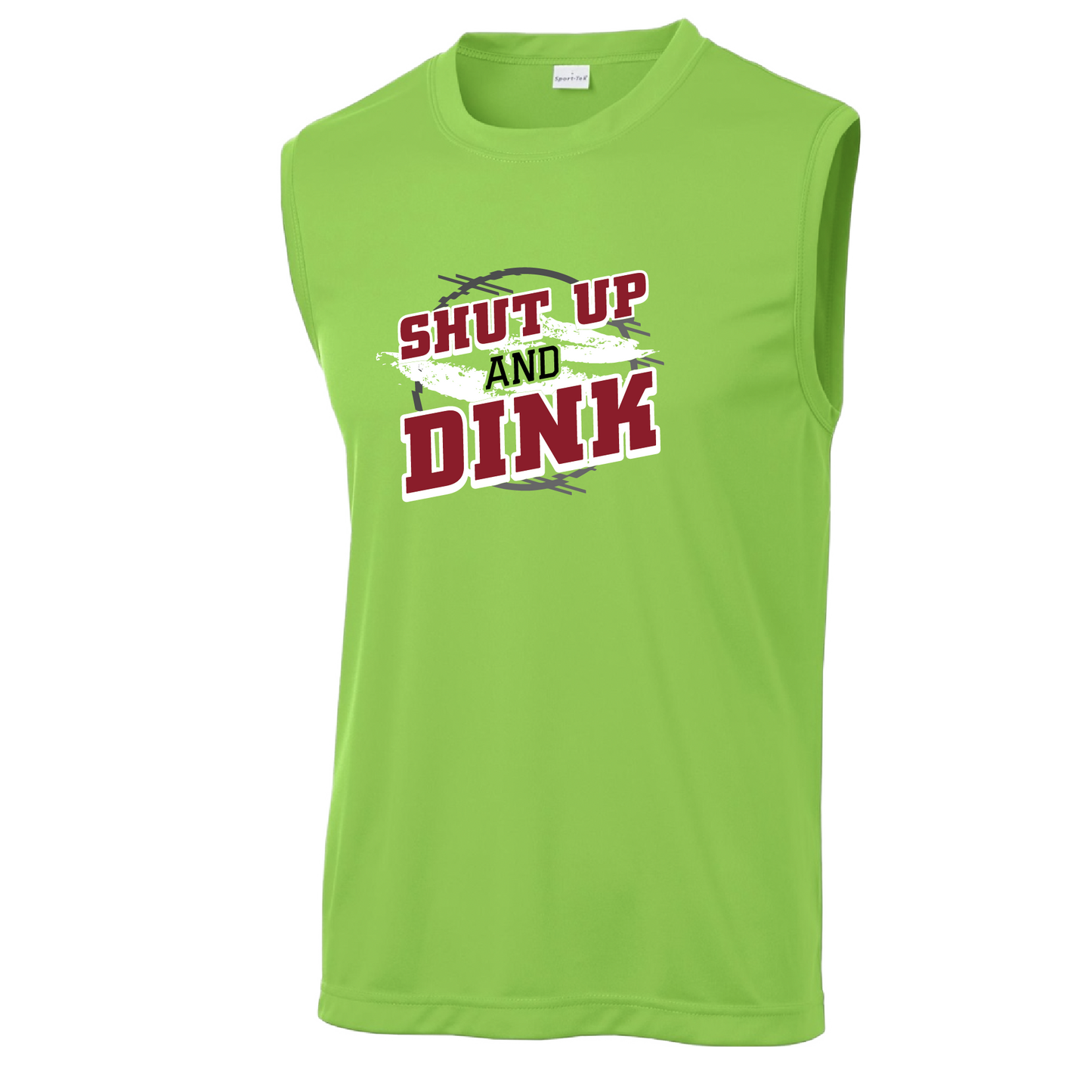 Pickleball Design: Shut up and Dink  Men's Styles: Sleeveless  Shirts are lightweight, roomy and highly breathable. These moisture-wicking shirts are designed for athletic performance. They feature PosiCharge technology to lock in color and prevent logos from fading. Removable tag and set-in sleeves for comfort.