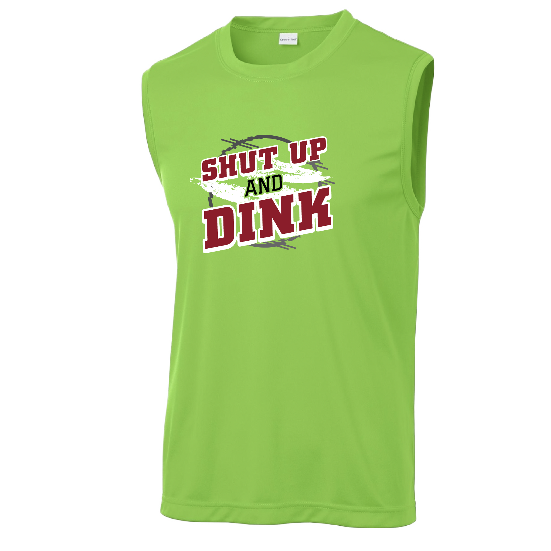 Pickleball Design: Shut up and Dink  Men's Styles: Sleeveless  Shirts are lightweight, roomy and highly breathable. These moisture-wicking shirts are designed for athletic performance. They feature PosiCharge technology to lock in color and prevent logos from fading. Removable tag and set-in sleeves for comfort.
