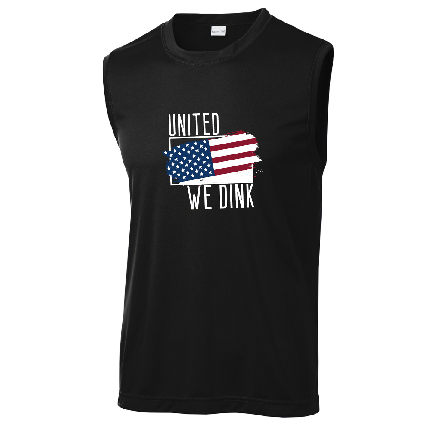 Pickleball Design: United We Dink  Men's Styles: Sleeveless  Shirts are lightweight, roomy and highly breathable. These moisture-wicking shirts are designed for athletic performance. They feature PosiCharge technology to lock in color and prevent logos from fading. Removable tag and set-in sleeves for comfort.