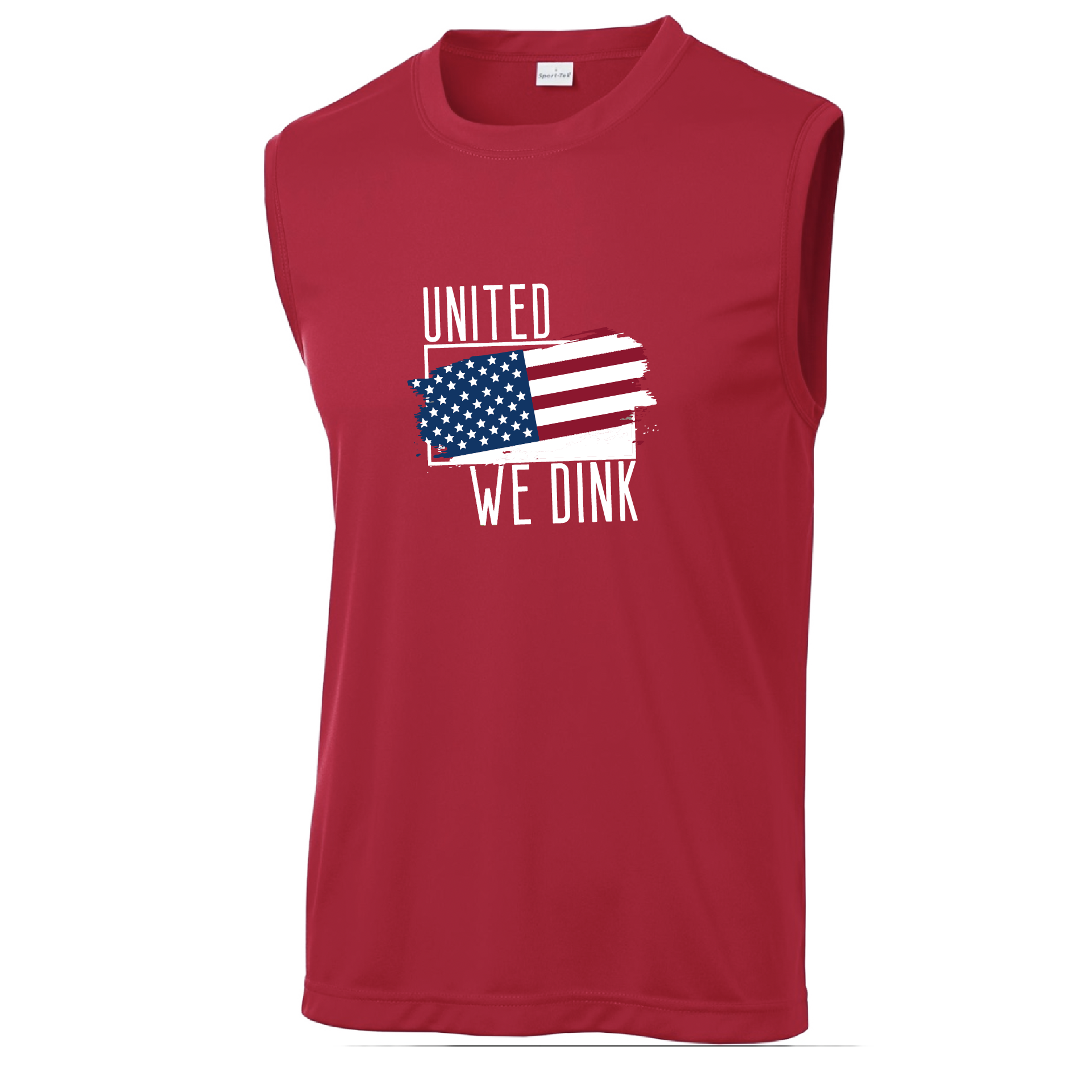 Pickleball Design: United We Dink  Men's Styles: Sleeveless  Shirts are lightweight, roomy and highly breathable. These moisture-wicking shirts are designed for athletic performance. They feature PosiCharge technology to lock in color and prevent logos from fading. Removable tag and set-in sleeves for comfort.
