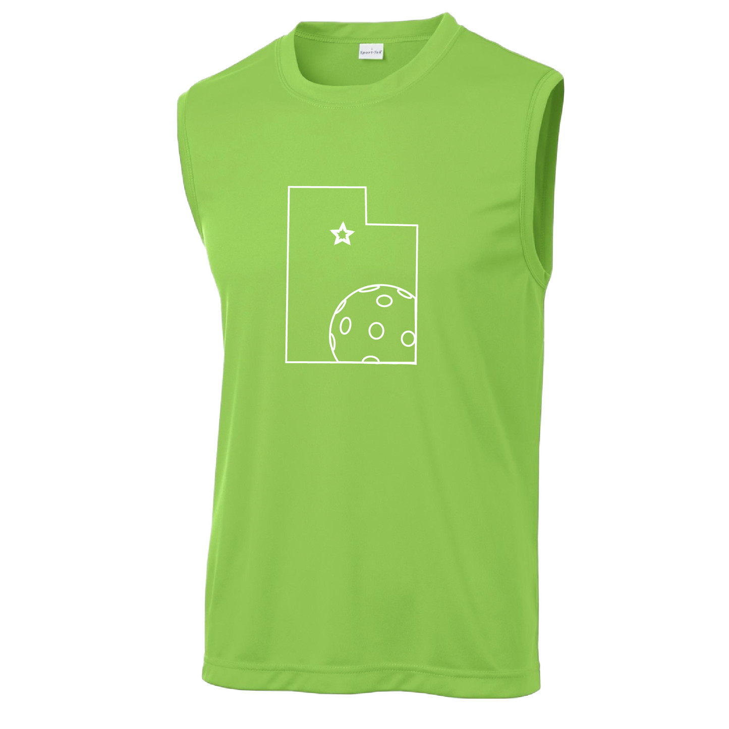Pickleball Design: Utah Pickleball.   Men's Styles: Sleeveless  Shirts are lightweight, roomy and highly breathable. These moisture-wicking shirts are designed for athletic performance. They feature PosiCharge technology to lock in color and prevent logos from fading. Removable tag and set-in sleeves for comfort.