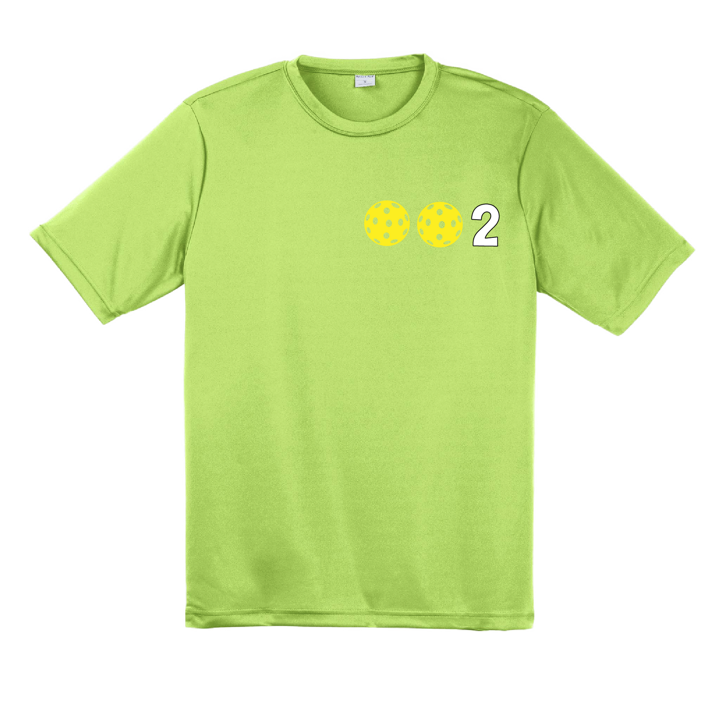Design: 002 Pickleballs customizable color (Yellow, White, Cyan)  Men's Styles: Short Sleeve  Shirts are lightweight, roomy and highly breathable. These moisture-wicking shirts are designed for athletic performance. They feature PosiCharge technology to lock in color and prevent logos from fading. Removable tag and set-in sleeves for comfort