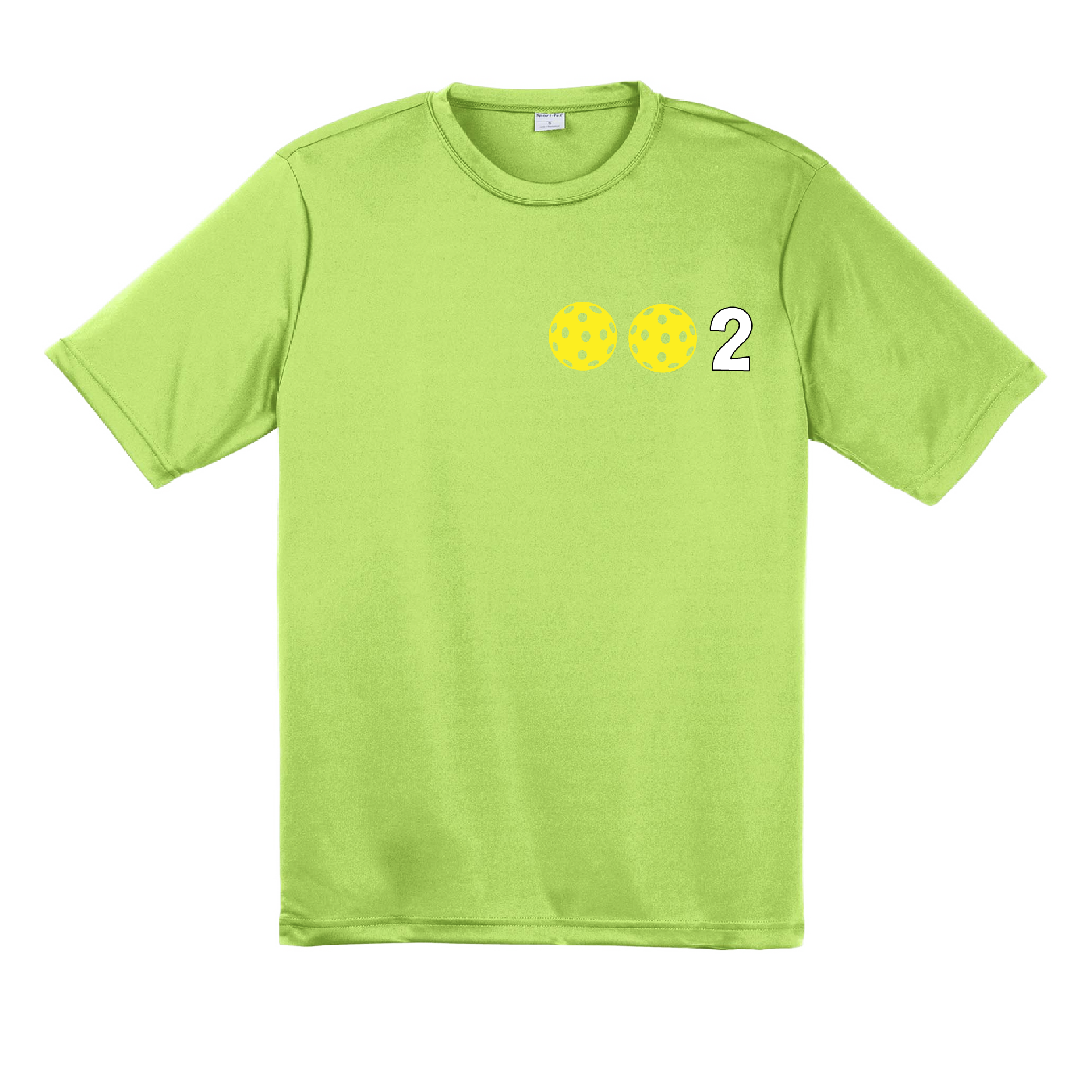 Design: 002 Pickleballs customizable color (Yellow, White, Cyan)  Men's Styles: Short Sleeve  Shirts are lightweight, roomy and highly breathable. These moisture-wicking shirts are designed for athletic performance. They feature PosiCharge technology to lock in color and prevent logos from fading. Removable tag and set-in sleeves for comfort