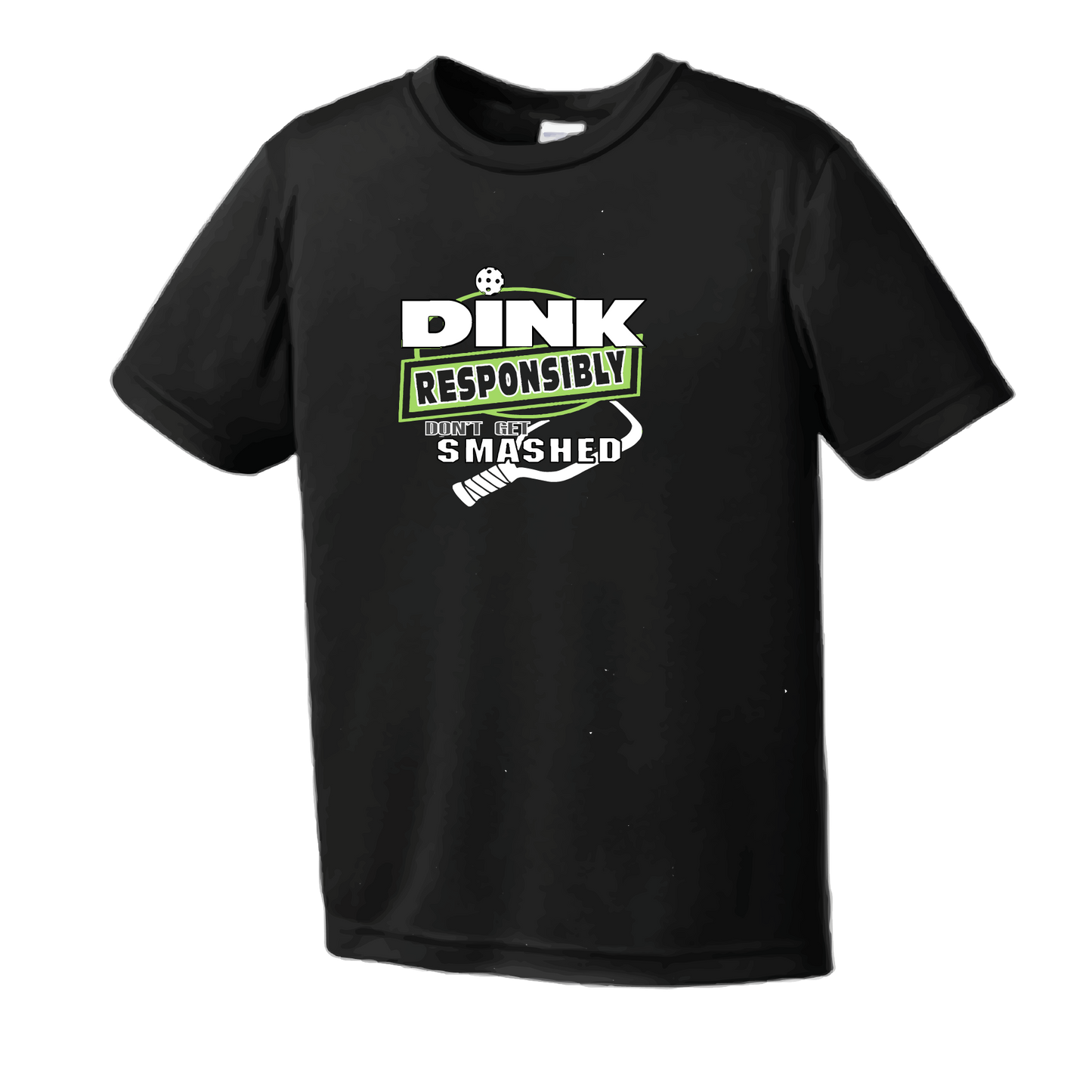 Pickleball Design: Dink Responsibly - Don't Get Smashed  Men's Style: Short Sleeved   Shirts are lightweight, roomy and highly breathable. These moisture-wicking shirts are designed for athletic performance. They feature PosiCharge technology to lock in color and prevent logos from fading. Removable tag and set-in sleeves for comfort.