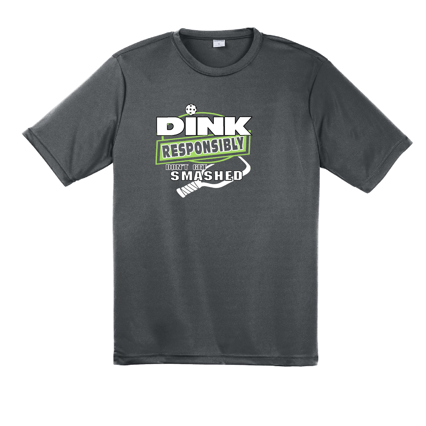 Pickleball Design: Dink Responsibly - Don't Get Smashed  Men's Style: Short Sleeved   Shirts are lightweight, roomy and highly breathable. These moisture-wicking shirts are designed for athletic performance. They feature PosiCharge technology to lock in color and prevent logos from fading. Removable tag and set-in sleeves for comfort.