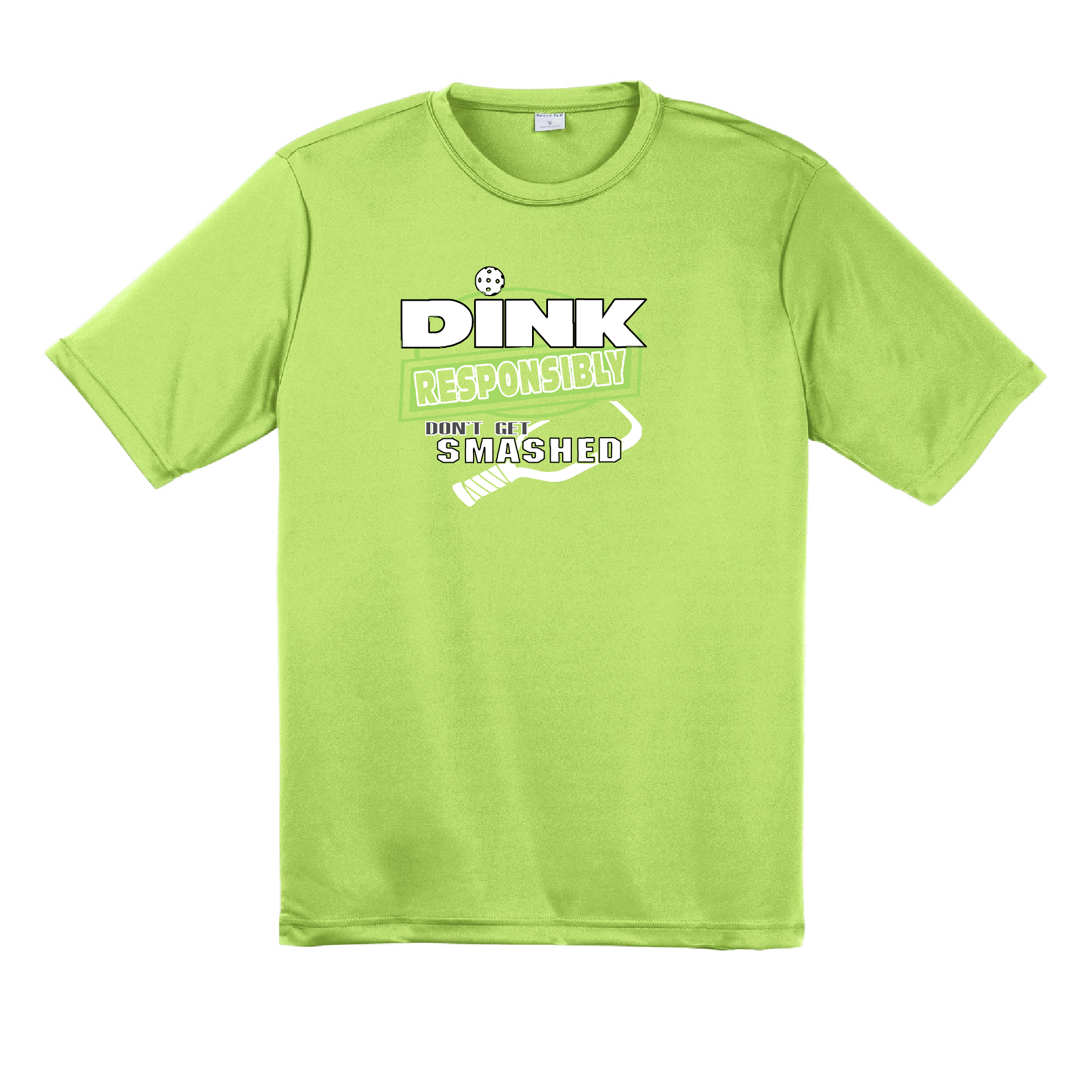 Pickleball Design: Dink Responsibly - Don't Get Smashed  Men's Style: Short Sleeved   Shirts are lightweight, roomy and highly breathable. These moisture-wicking shirts are designed for athletic performance. They feature PosiCharge technology to lock in color and prevent logos from fading. Removable tag and set-in sleeves for comfort.