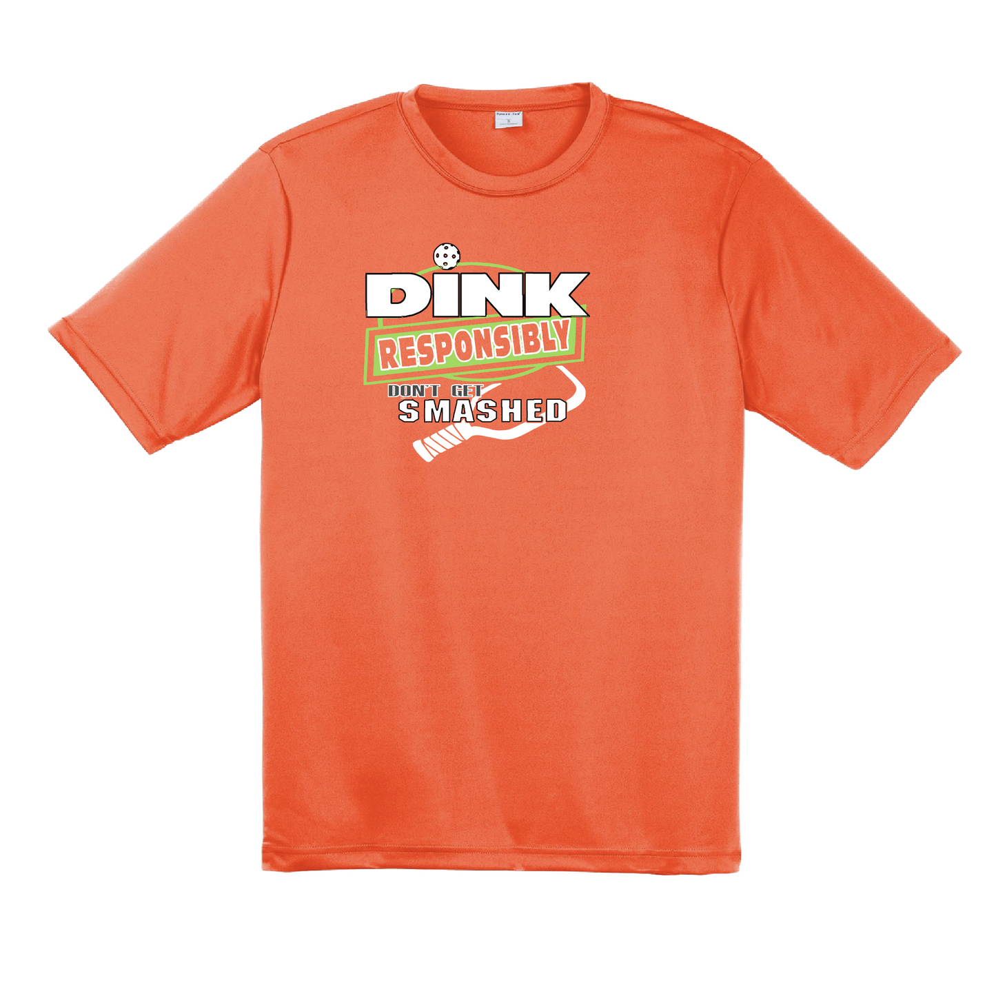 Pickleball Design: Dink Responsibly - Don't Get Smashed  Men's Style: Short Sleeved   Shirts are lightweight, roomy and highly breathable. These moisture-wicking shirts are designed for athletic performance. They feature PosiCharge technology to lock in color and prevent logos from fading. Removable tag and set-in sleeves for comfort.