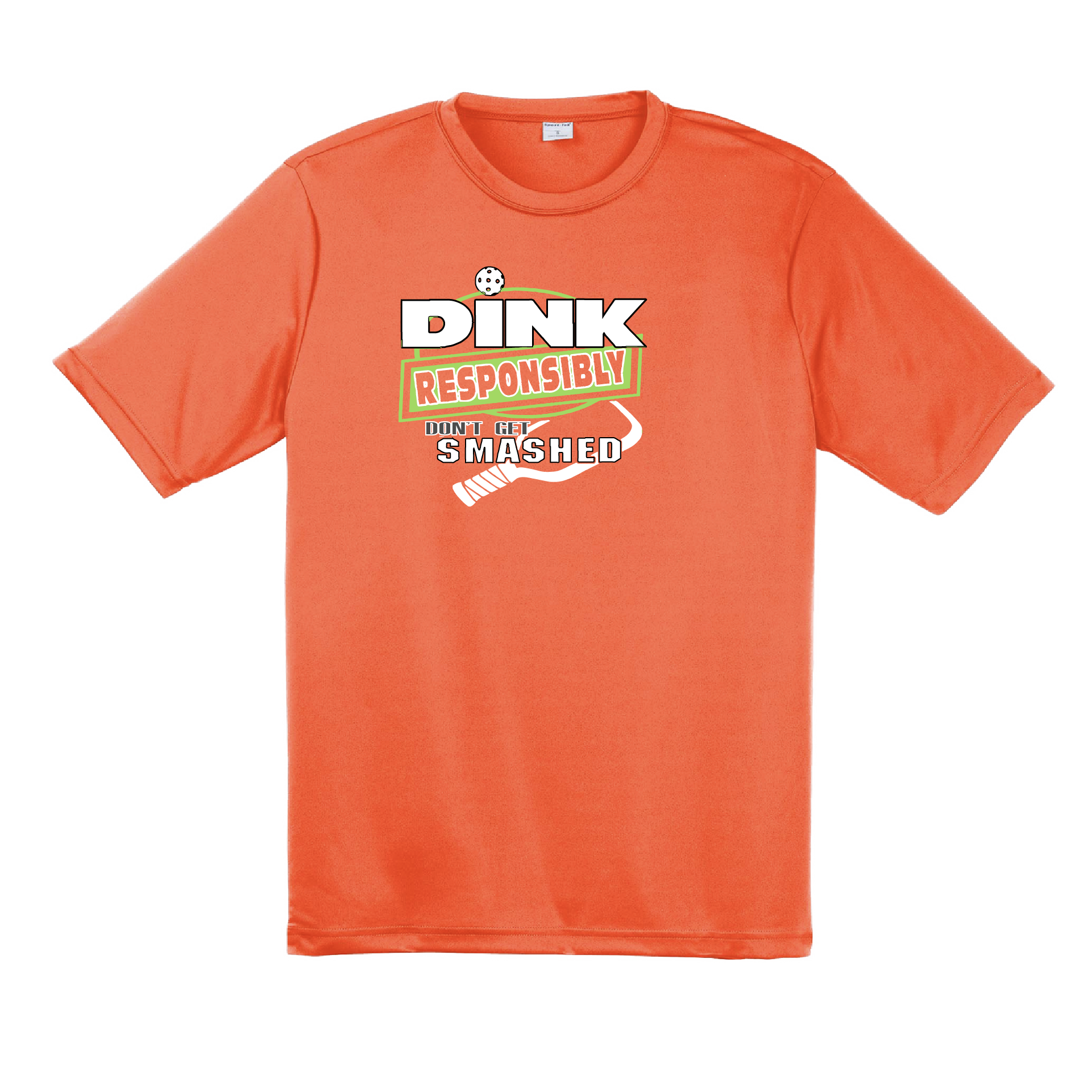 Pickleball Design: Dink Responsibly - Don't Get Smashed  Men's Style: Short Sleeved   Shirts are lightweight, roomy and highly breathable. These moisture-wicking shirts are designed for athletic performance. They feature PosiCharge technology to lock in color and prevent logos from fading. Removable tag and set-in sleeves for comfort.