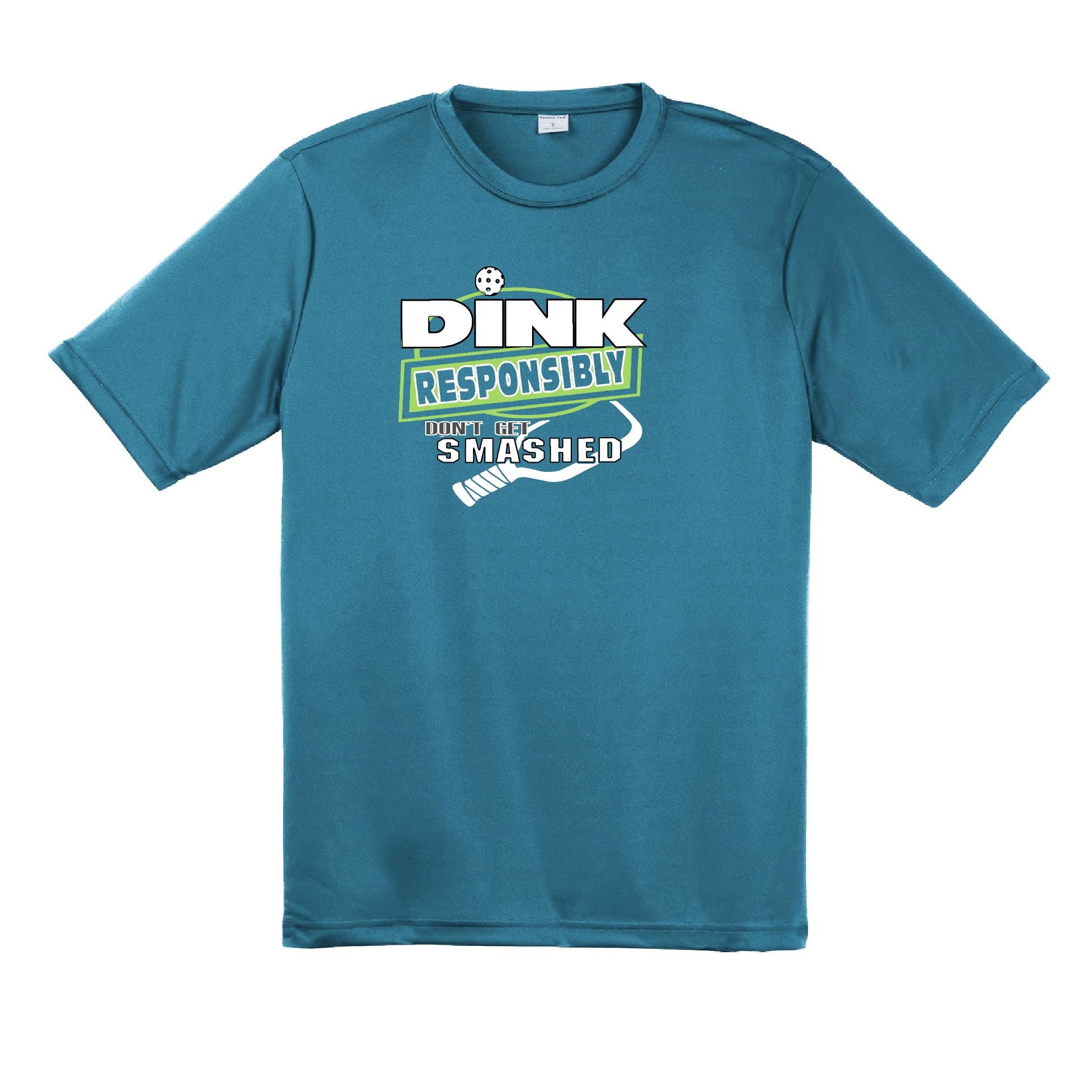 Pickleball Design: Dink Responsibly - Don't Get Smashed  Men's Style: Short Sleeved   Shirts are lightweight, roomy and highly breathable. These moisture-wicking shirts are designed for athletic performance. They feature PosiCharge technology to lock in color and prevent logos from fading. Removable tag and set-in sleeves for comfort.