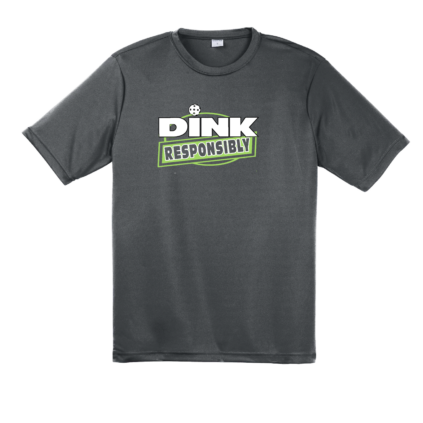 Pickleball Design: Dink Responsibly  Men's Style: Short Sleeved   Shirts are lightweight, roomy and highly breathable. These moisture-wicking shirts are designed for athletic performance. They feature PosiCharge technology to lock in color and prevent logos from fading. Removable tag and set-in sleeves for comfort.