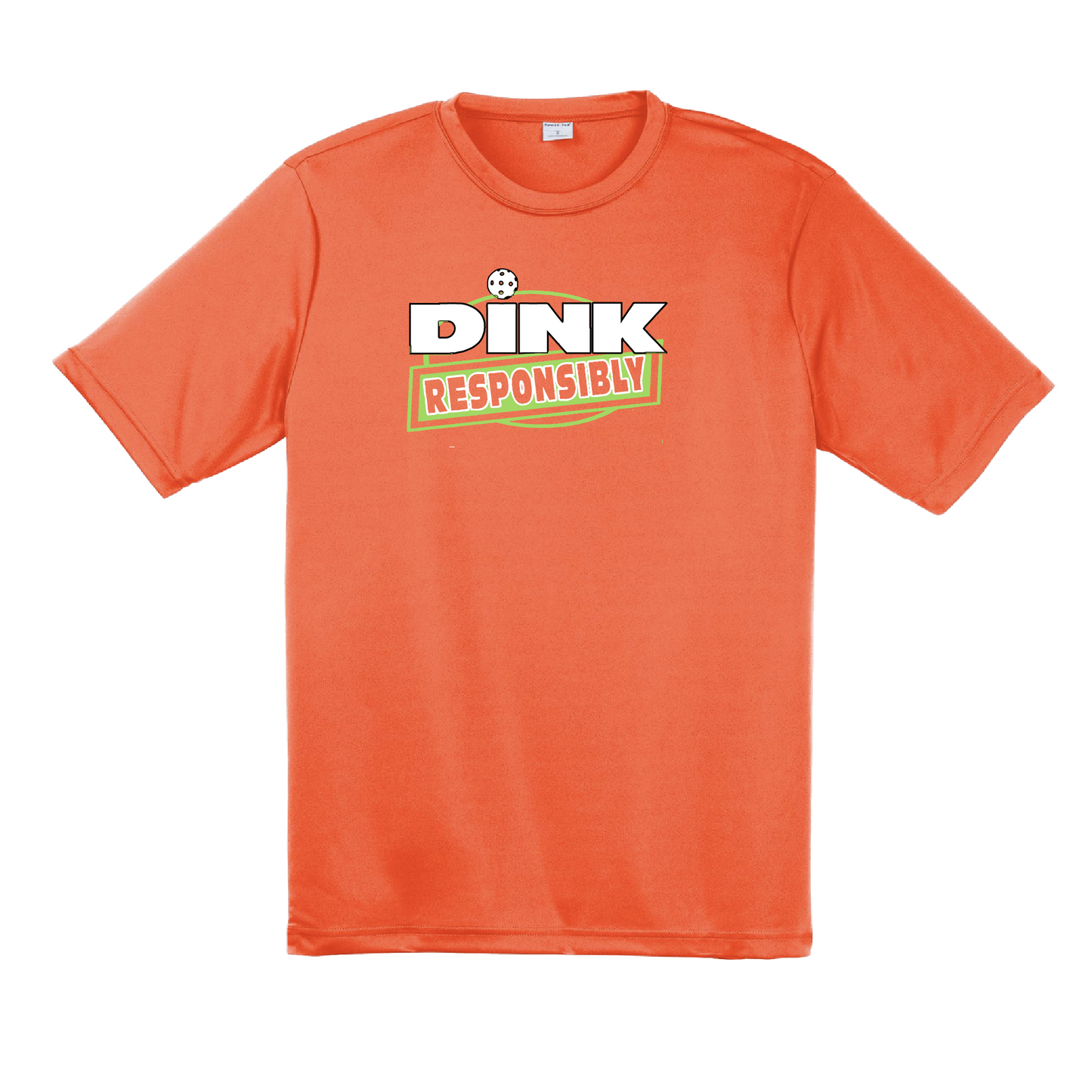 Pickleball Design: Dink Responsibly  Men's Style: Short Sleeved   Shirts are lightweight, roomy and highly breathable. These moisture-wicking shirts are designed for athletic performance. They feature PosiCharge technology to lock in color and prevent logos from fading. Removable tag and set-in sleeves for comfort.