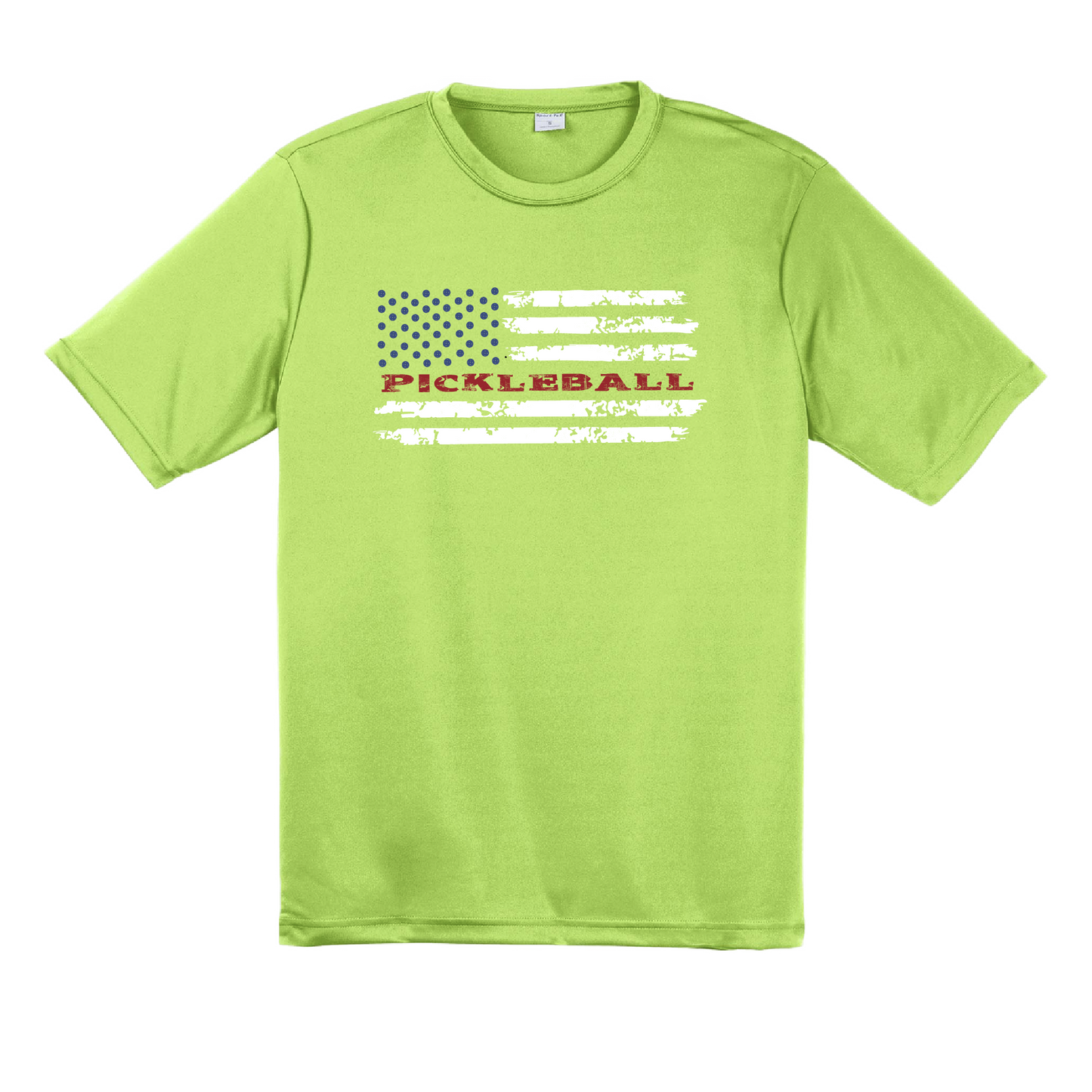 Pickleball Design: Pickleball Horizontal Flag on Front or Back Shirt  Men's Styles: Short-Sleeve  Shirts are lightweight, roomy and highly breathable. These moisture-wicking shirts are designed for athletic performance. They feature PosiCharge technology to lock in color and prevent logos from fading. Removable tag and set-in sleeves for comfort.