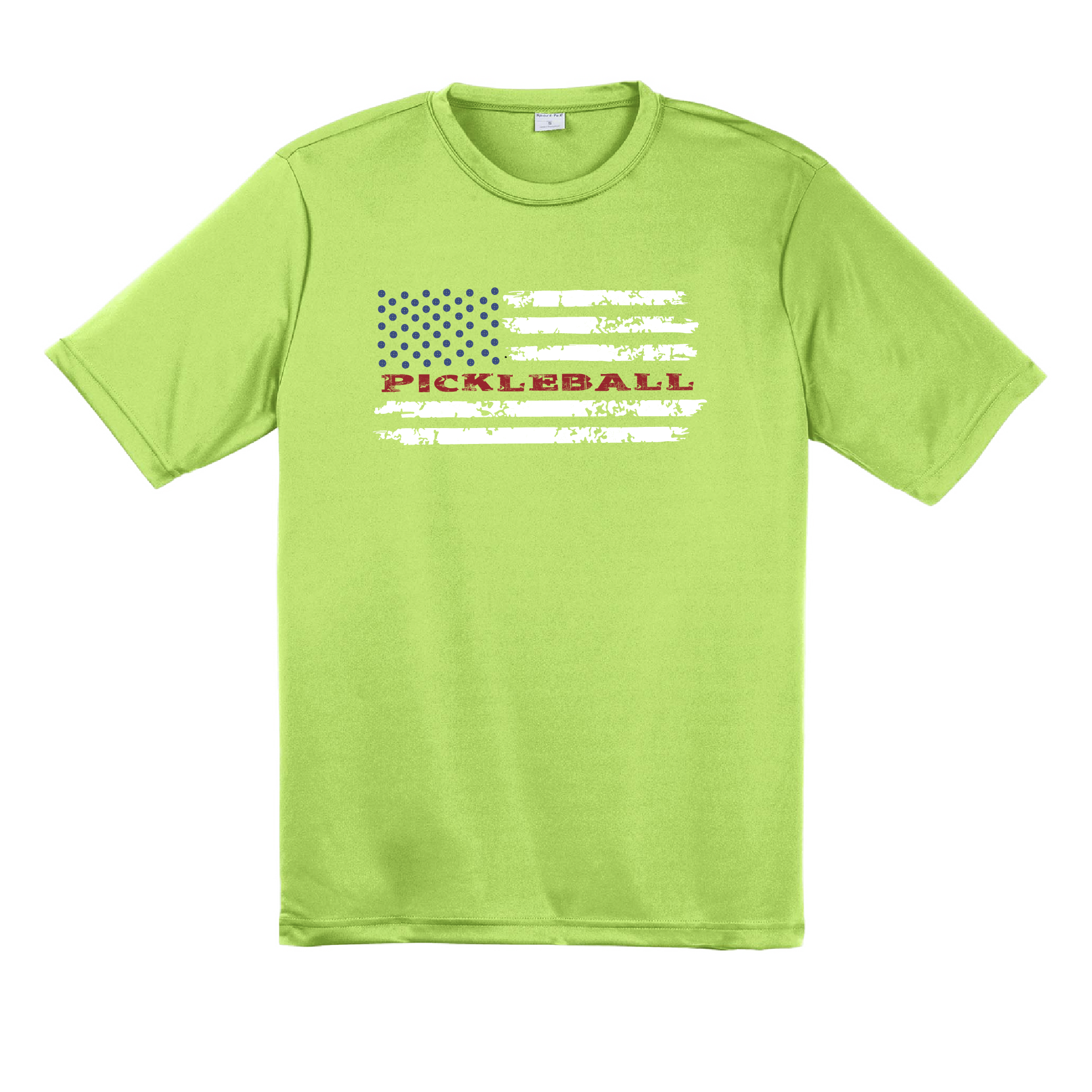 Pickleball Design: Pickleball Horizontal Flag on Front or Back Shirt  Men's Styles: Short-Sleeve  Shirts are lightweight, roomy and highly breathable. These moisture-wicking shirts are designed for athletic performance. They feature PosiCharge technology to lock in color and prevent logos from fading. Removable tag and set-in sleeves for comfort.